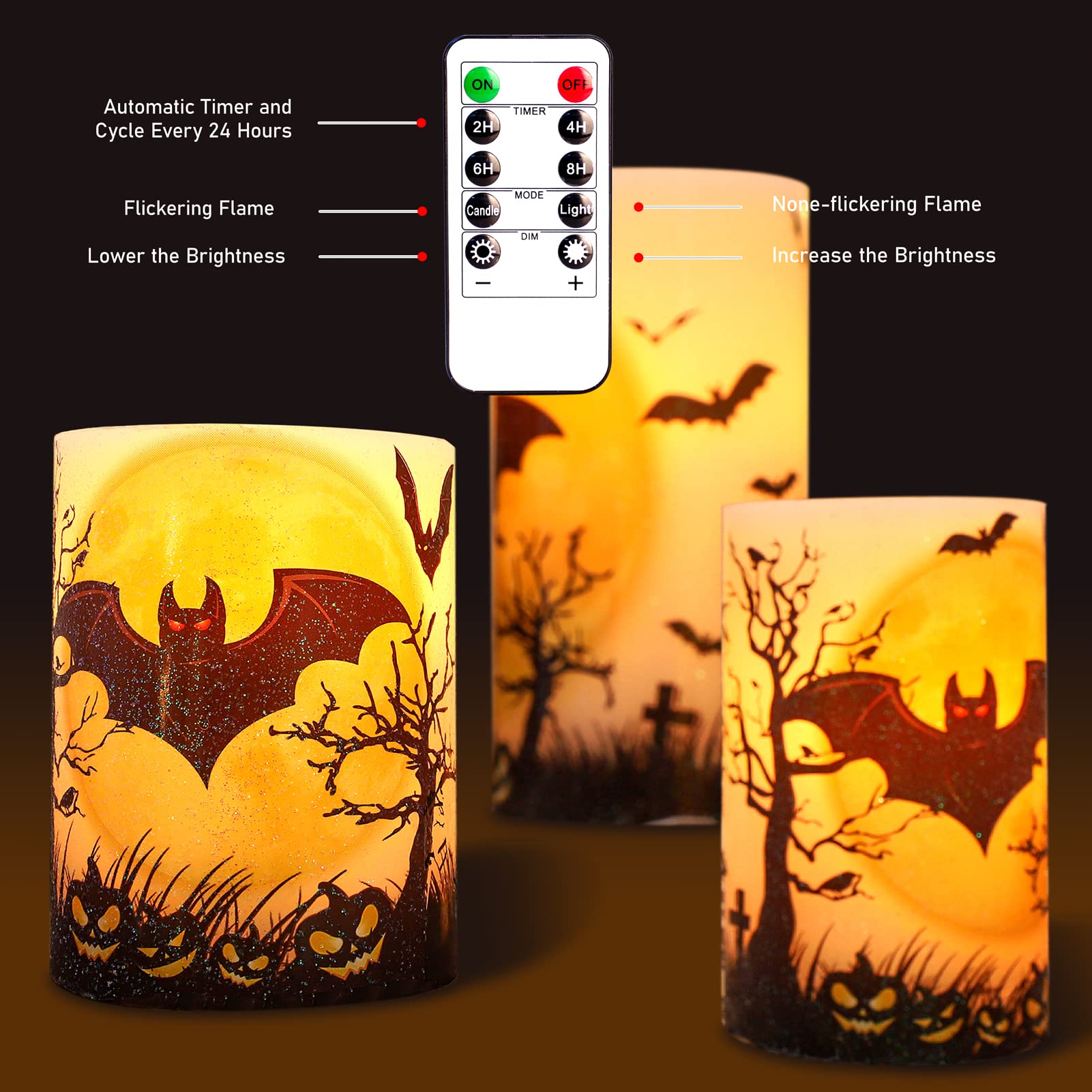 Flavcharm Halloween Decorations Led Candles With Bats Moon Big House Pumpkin Battery Operated Remote Timer Dim Glitter Design Re