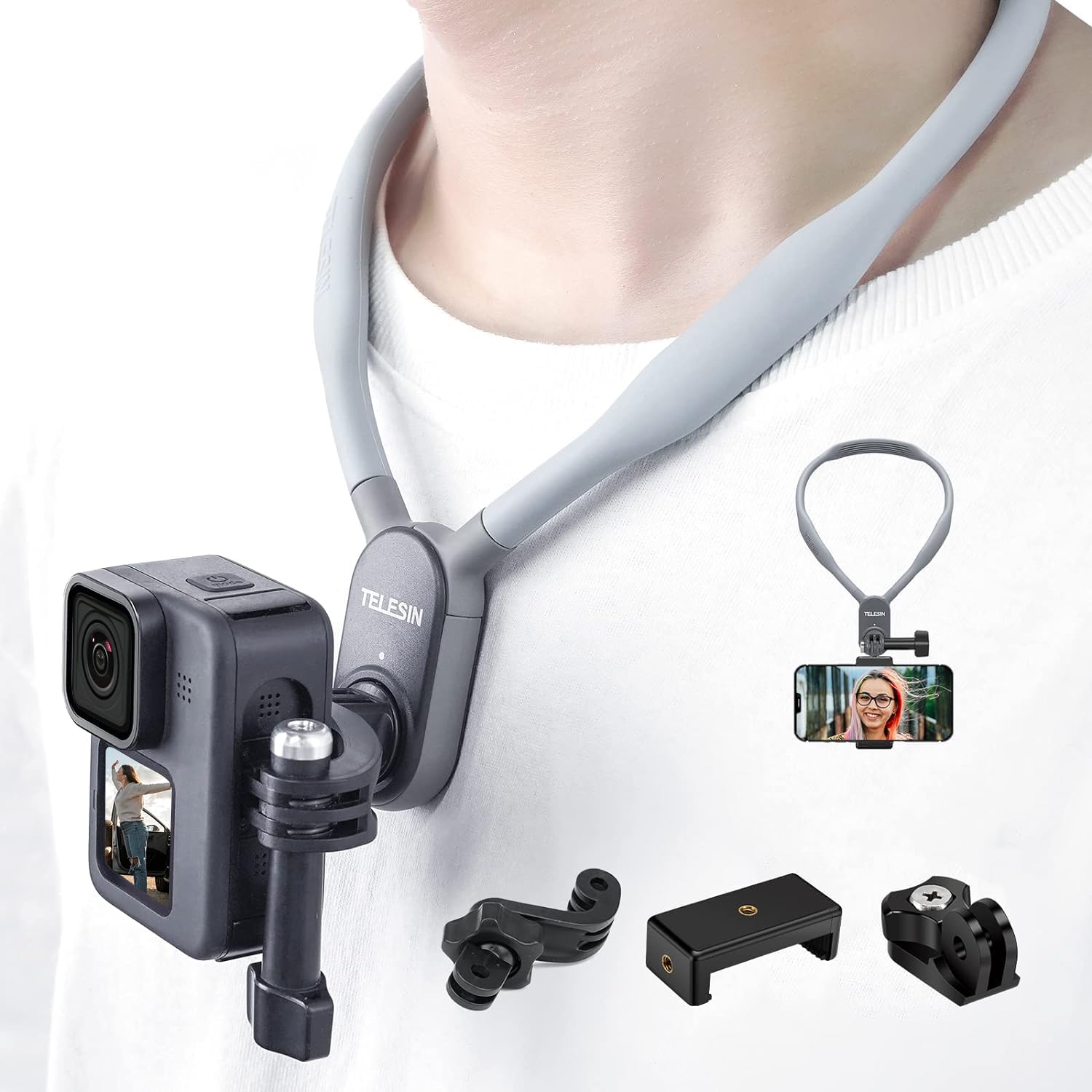 Telesin� Plus Magnetic Neck Mount For Go Pro Phone Holder, Quick Release Pov Video Vlog Flexible Angle Necklace Holder For Gopro Hero 13 12 11 10 9 Insta360 X3 X4 Dji Action 3 4 5 Pro Iphone Android