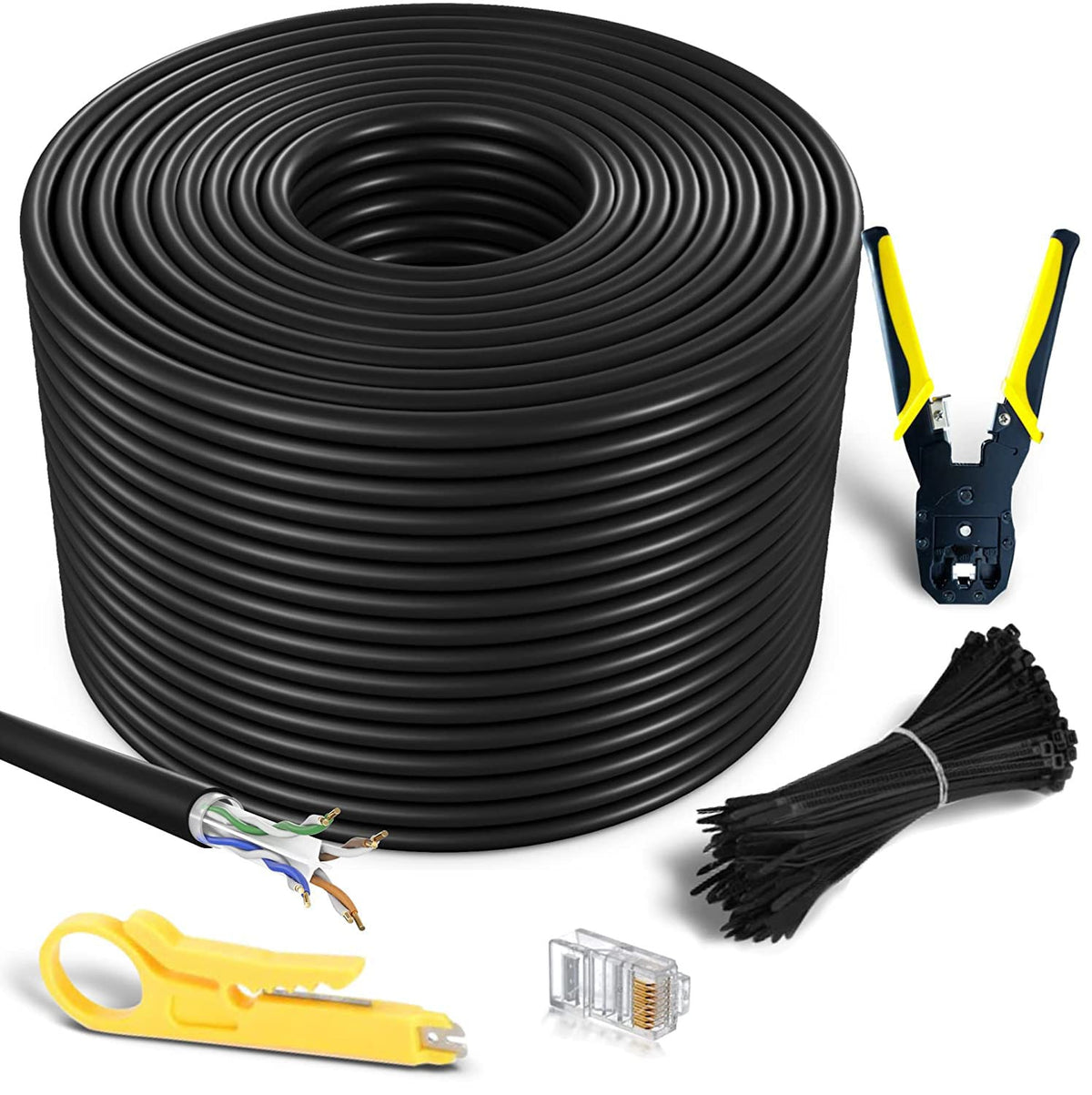 Mutecpower 200M Cat6 Outdoor Waterproof Direct Burial Ethernet Network Cable   Utp   Cca   550 Mhz   Black 200 Meter With Crimpi