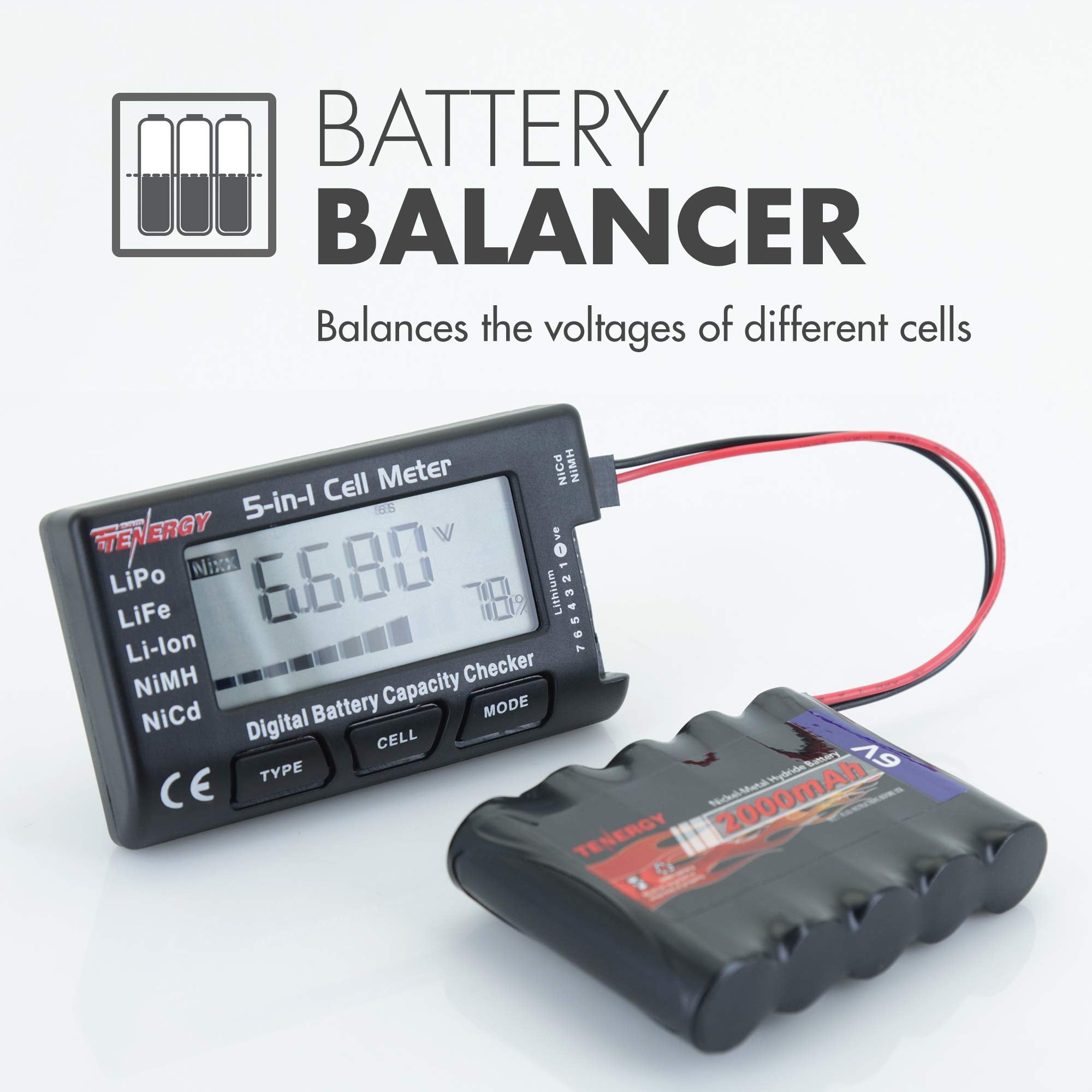 Tenergy 5 In 1 Battery Meter, Intelligent Cell Meter Digital Battery Checker/Balancer For Lipo / Lifepo4 / Li Ion/Nicd/Nimh Batt