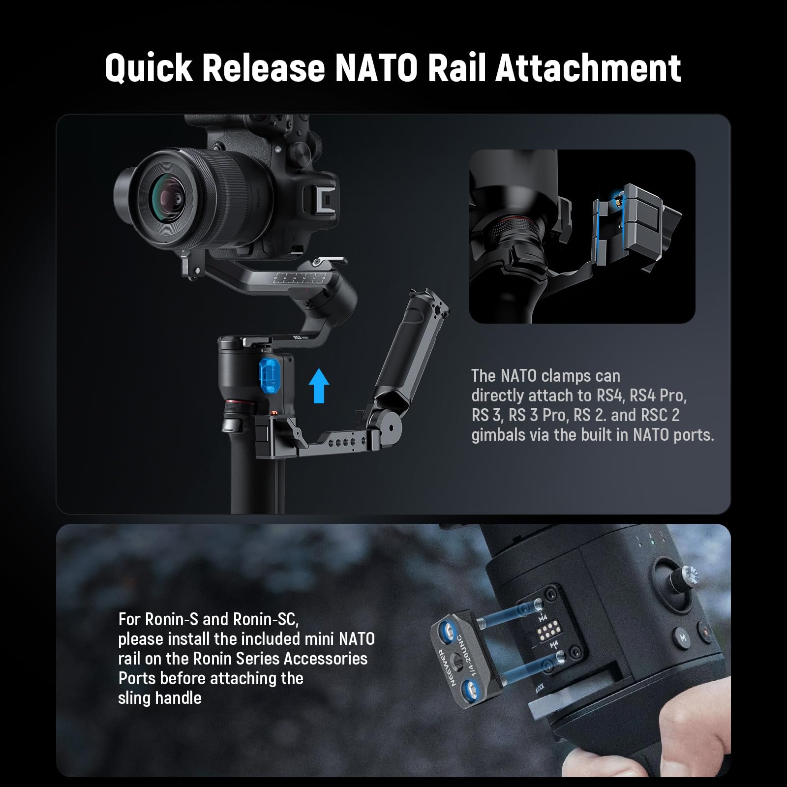 Neewer Rs4 Rs3 Adjustable Gimbal Sling Handle Grip With Nato Rail, Compatible With Dji Rs4 Rs4 Pro Rs3 Rs3 Pro Rs3 Mini Rs2 Rsc2