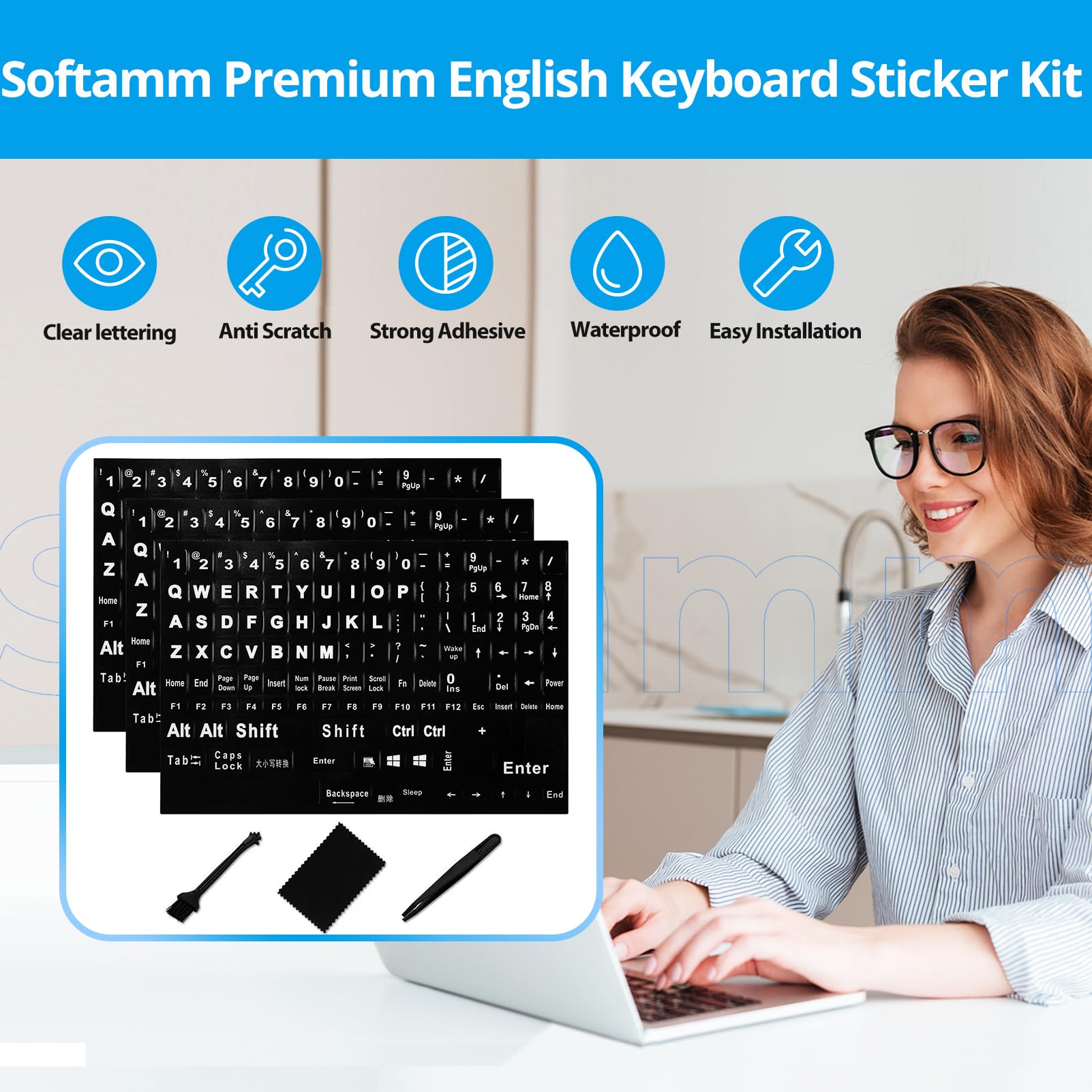 English Keyboard Stickers[6 In 1],Full Size Big Letter English Keyboard Sticker With Black Font On White Background Universal Fo