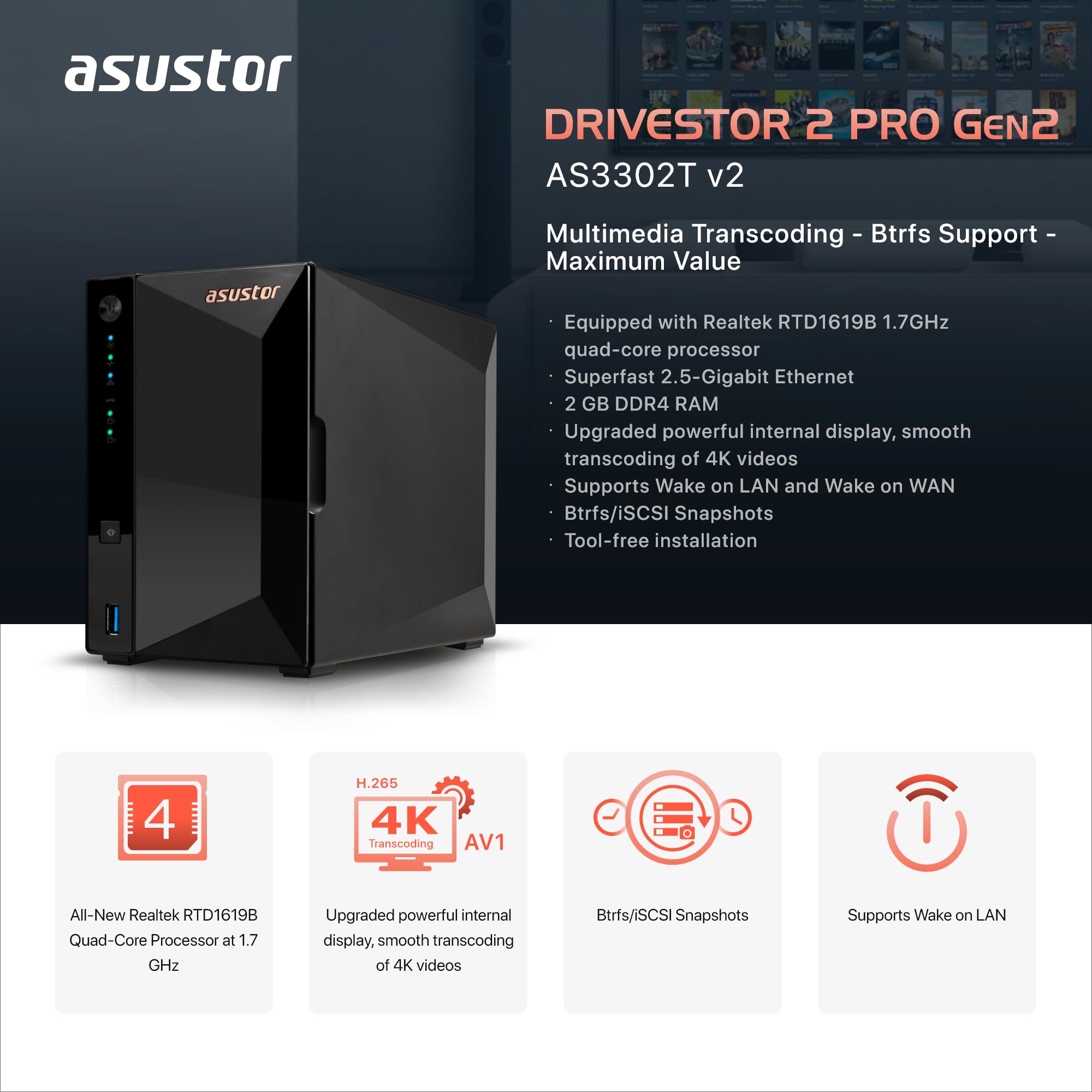 Asustor Drivestor 2 Pro Gen2 As3302T V2, 2 Bay Nas, 1.7Ghz Quad Core, 2.5Gbe Port, 2Gb Ram Ddr4, Small Home Media Server, Networ