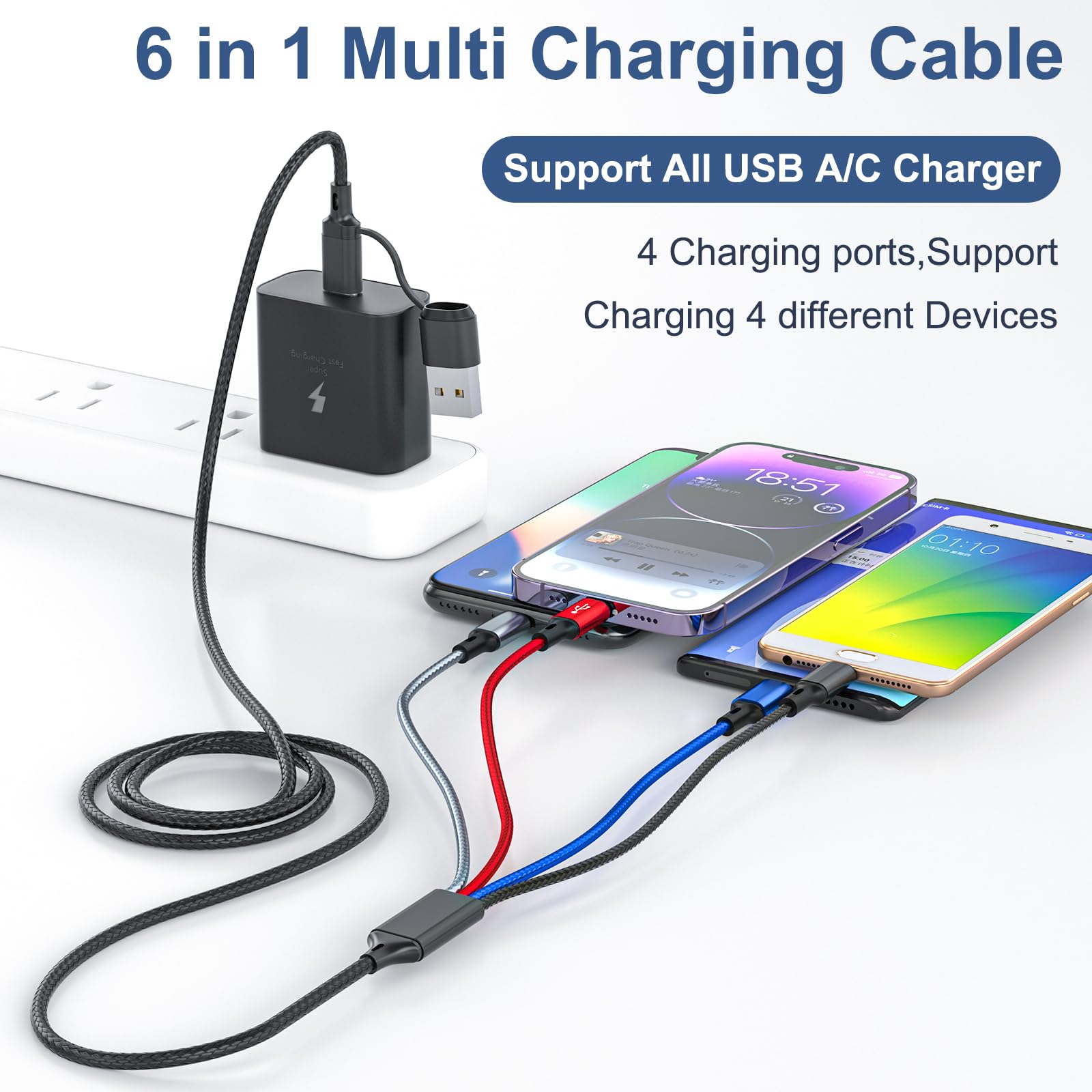 6 In 1 Multi Charging Cable 3Pack 6Ft Multi Usb Cable 3A Multi Charger Cable Braided Multiple Phone Charger Cable Universal Usb