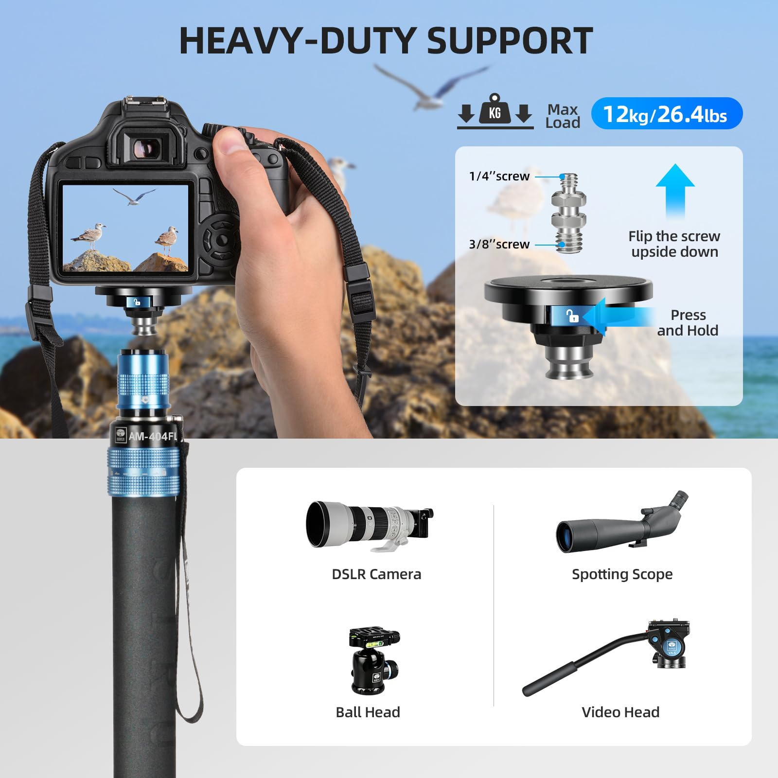 Sirui Am 404Fl Camera Monopod With Feet, 74.8 Inch Aluminum Video Monopod With Removable Base, Slim And Lightweight, Max Load 26.4Lbs, 360�Panorama Panning, 4 Section For Canon Nikon Sony