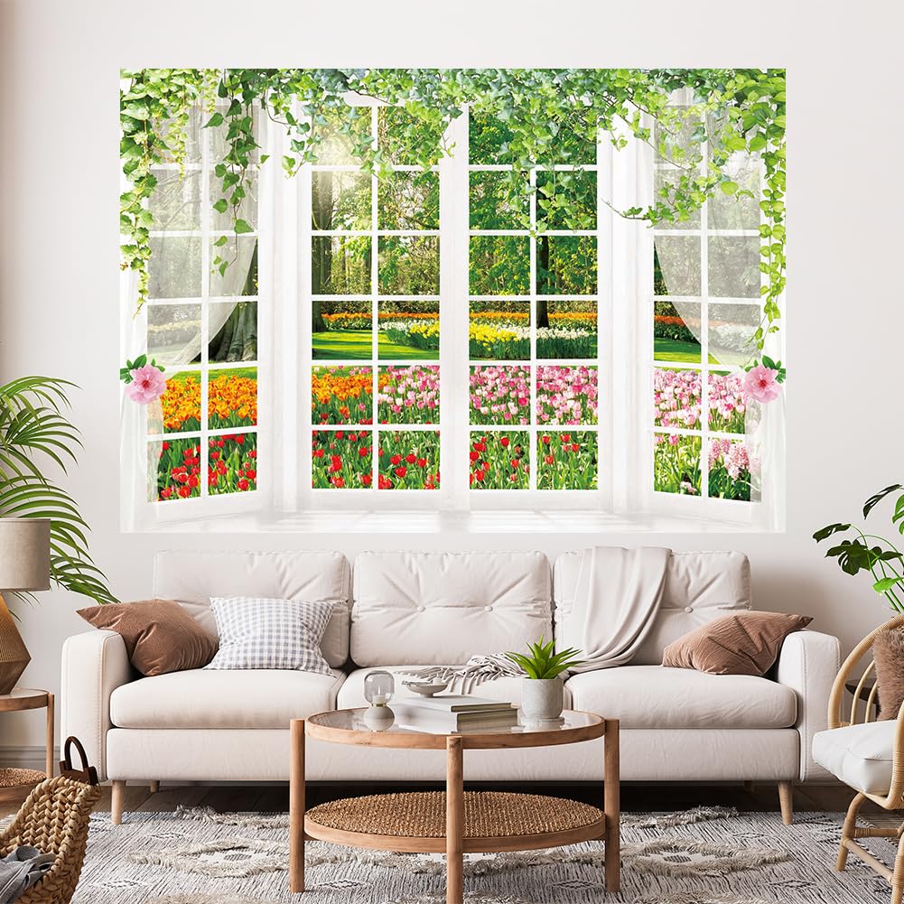 Hilioens 7  5Ft Spring Window Backdrop White Windowsill Floral Scenery Photography Background Forest Green Grass Natural Newborn