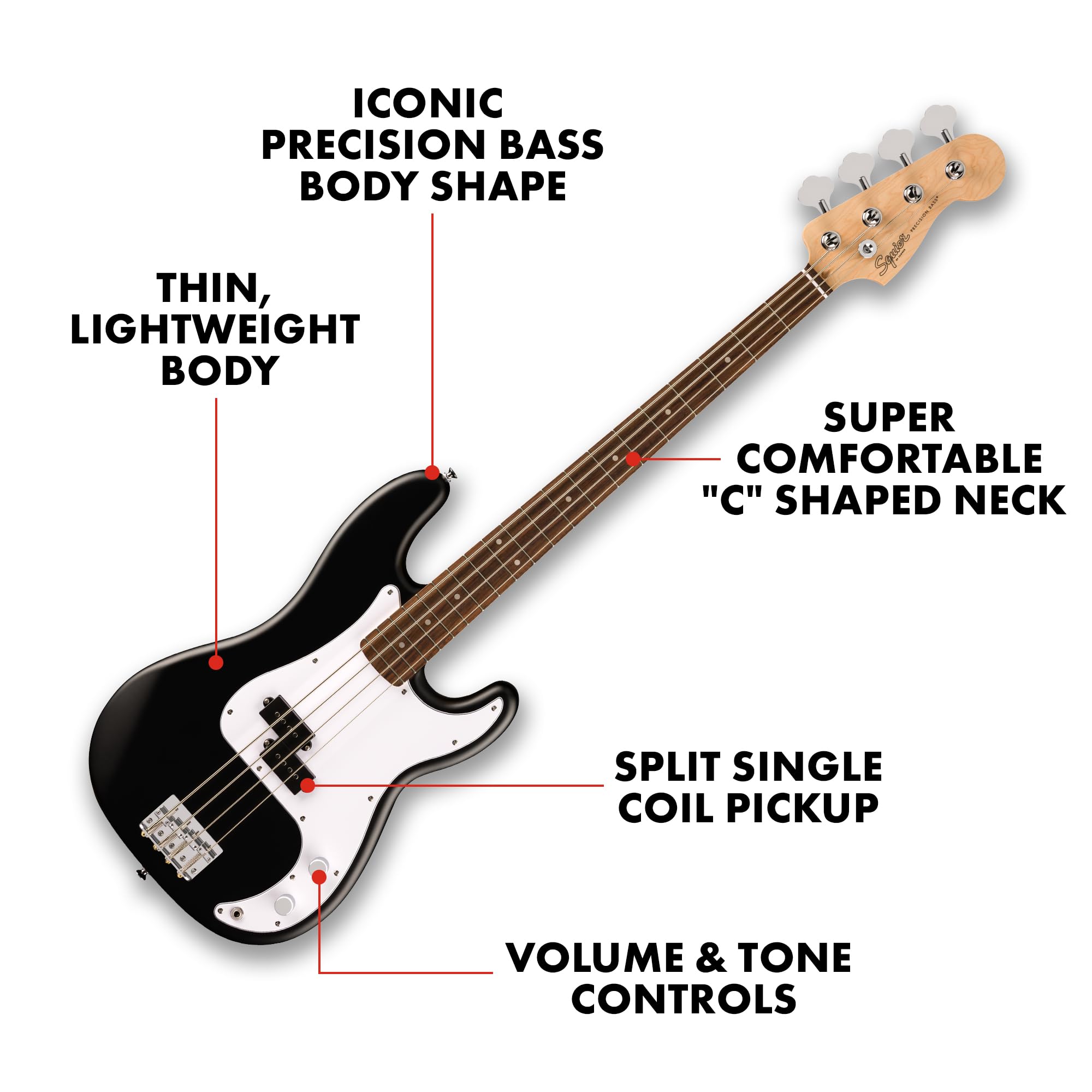 Fender Squier Debut Series Precision Bass Guitar, Beginner Guitar, With 2 Year Warranty, Includes Free Lessons, Black With Matte