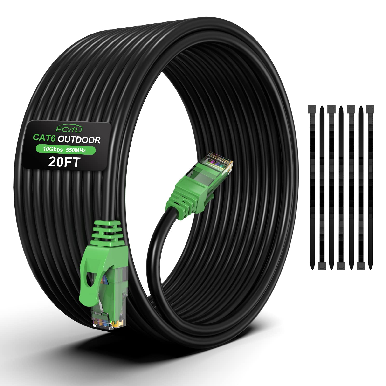 20Ft Cat6 Outdoor Ethernet Cable, In Ground, Heavy Duty Direct Burial, 24Awg Cca Patch Cord For Laptops, Pcs, Routers, Printers, Surveillance Camera, Poe, Utp Cat 6 Internet Cable With 25 Cable Ties