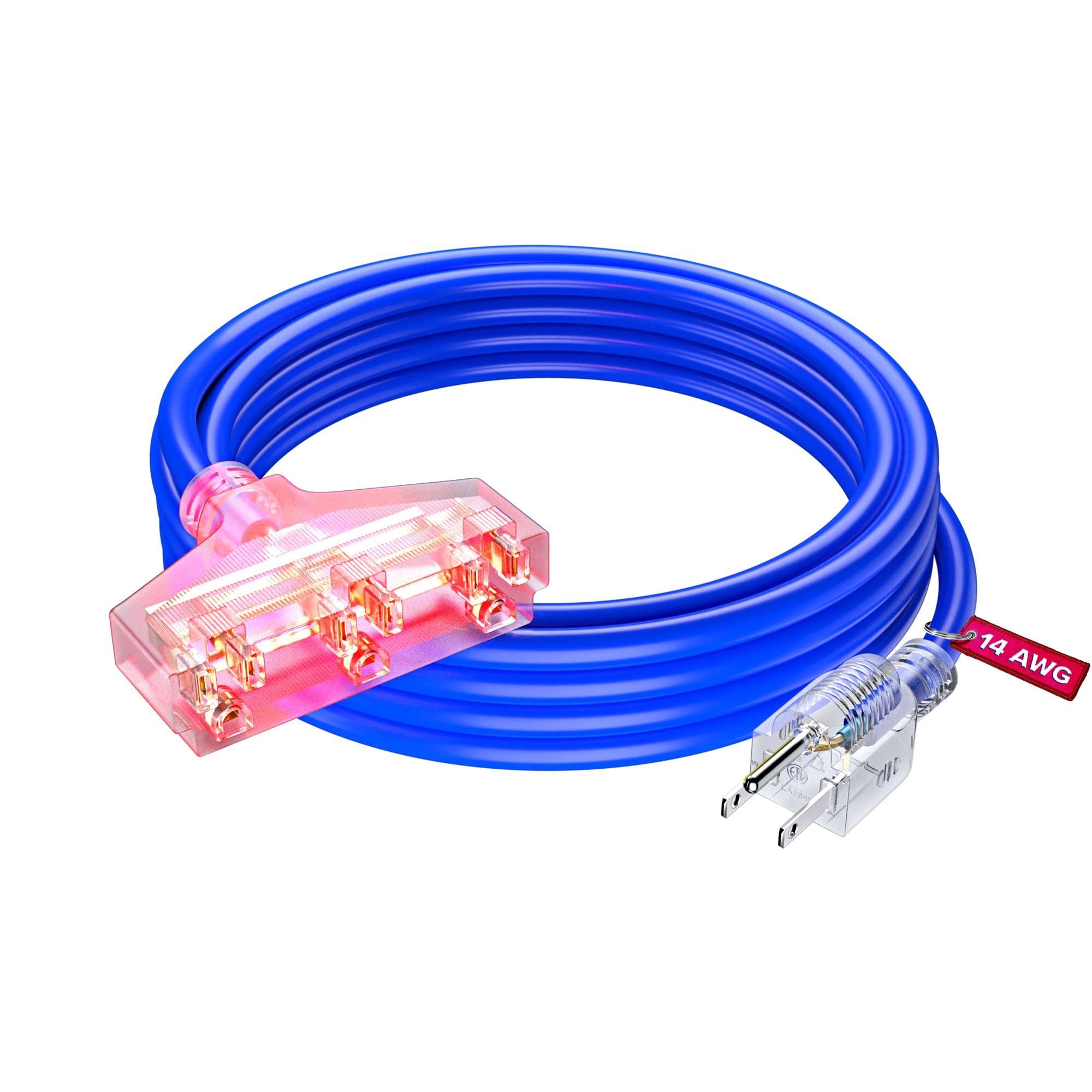 Extension Cord 15 Ft, Extension Cord With Multiple Outlets, Sjtw 14 Gauge (Blue) Etl Listed
