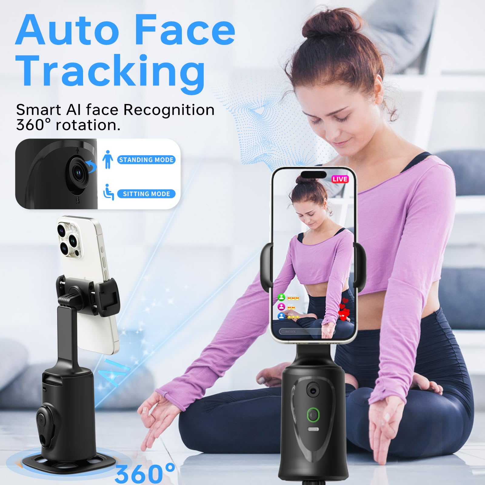 Auto Face Tracking Tripod, 360 Rotation Face Body Phone Camera Mount Gesture Control, No App, Smart Shooting Holder With 1200Mah