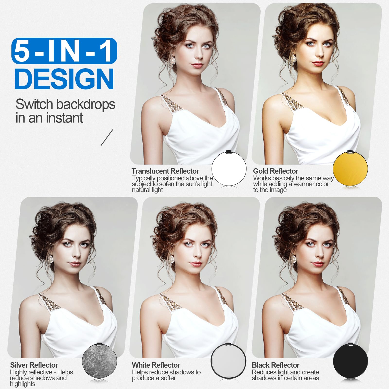 Wellmaking 32 Inch (80Cm) Reflector Photography, Collapsible Light Reflector With Threaded Handle & Tilt Adapter, 5 In 1 Handle