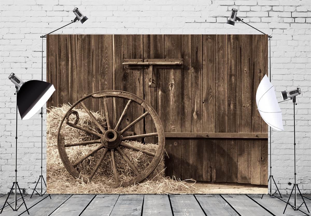 Beleco 7X5Ft Fabric Cowboys Photo Backdrop Barn Door Old Barn With Antique Wheel Hay Bales Haystack Country Theme Photography Ba
