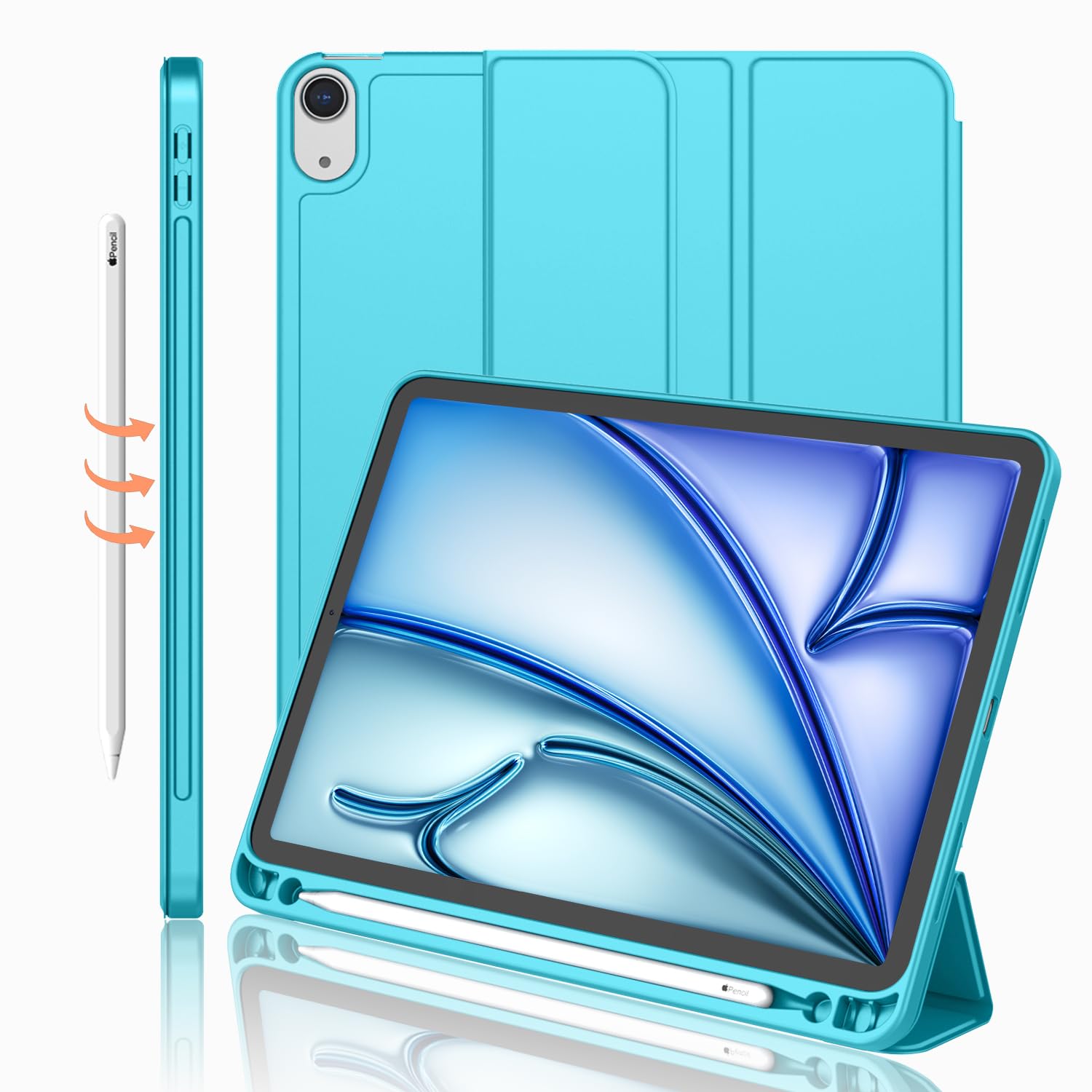 Imieet Ipad Air 11 Inch Case 2024 (6Th Generation), Ipad Air 5Th Generation Case 2022/4Th Generation Case 2020 10.9 Inch With Pencil Holder, Trifold Stand Smart Case(New Cyan)
