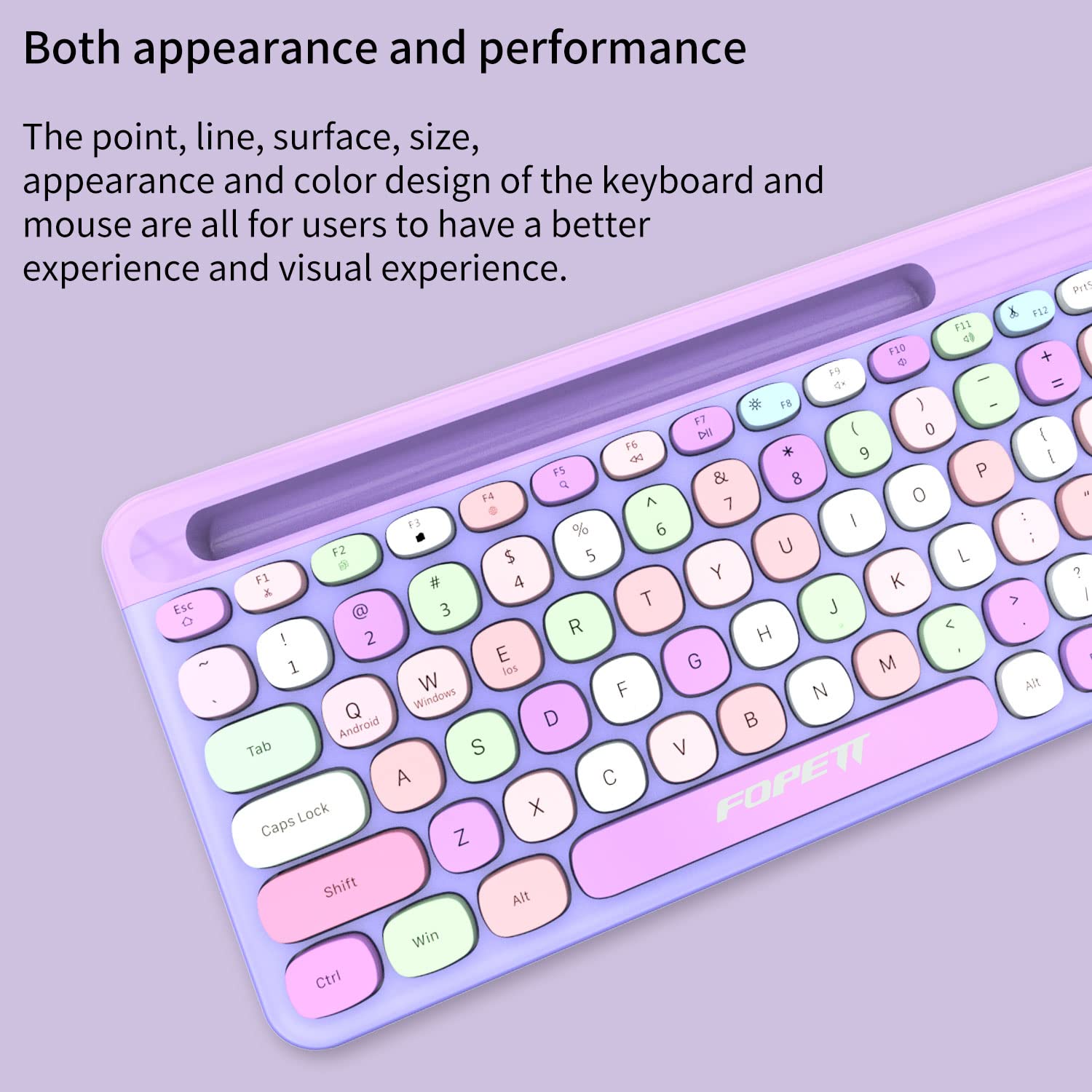 Fopett Wireless Keyboard And Mouse Combo, 100 Keys Full Sized 2.4 Ghz Round Keycap Colorful Keyboards, Usb Receiver Plug And Pla