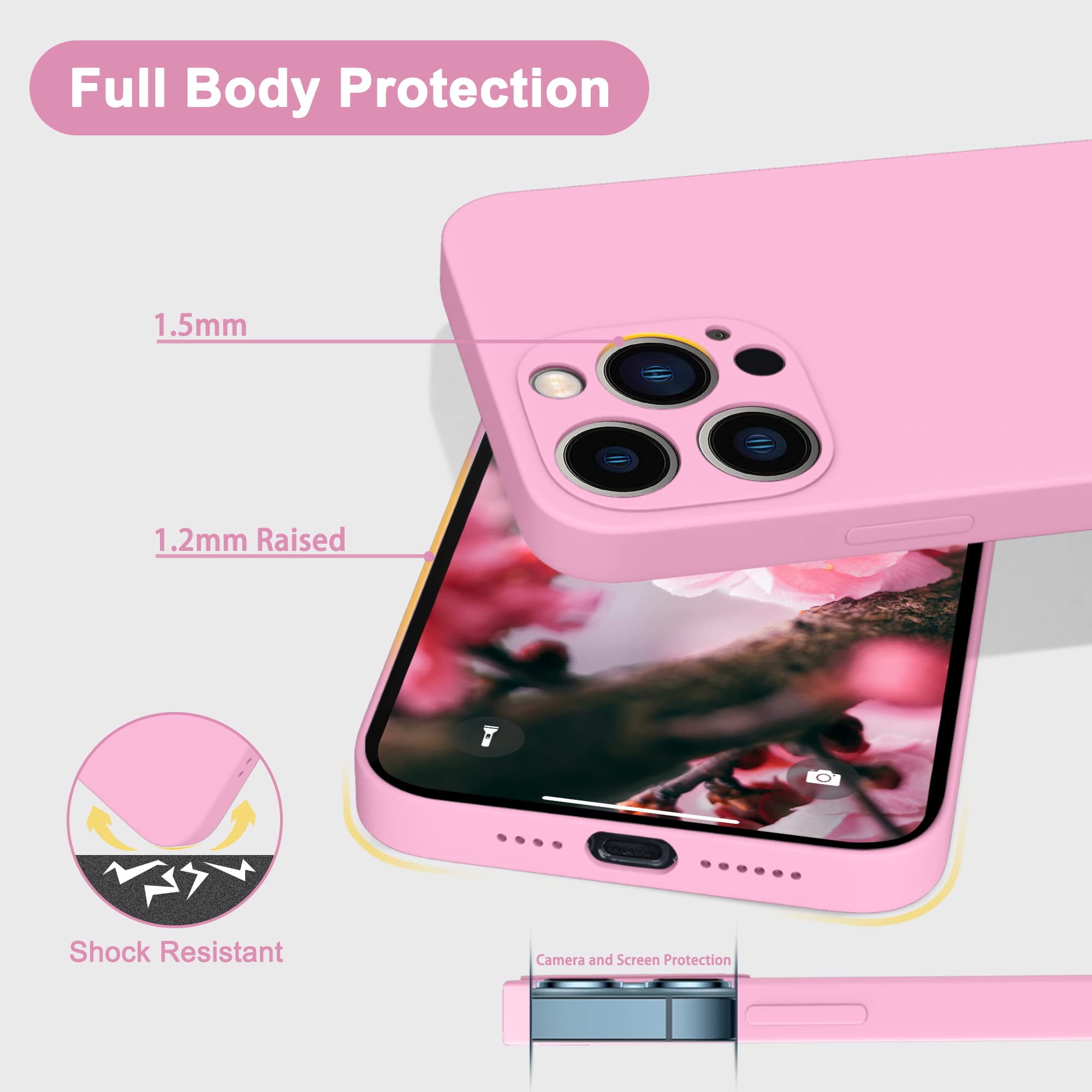 Andate Pink Iphone 13 Pro Max Silicone Case, Compatible With Iphone 13 Pro Max Full Body Protective Phone Cover Case With Microf