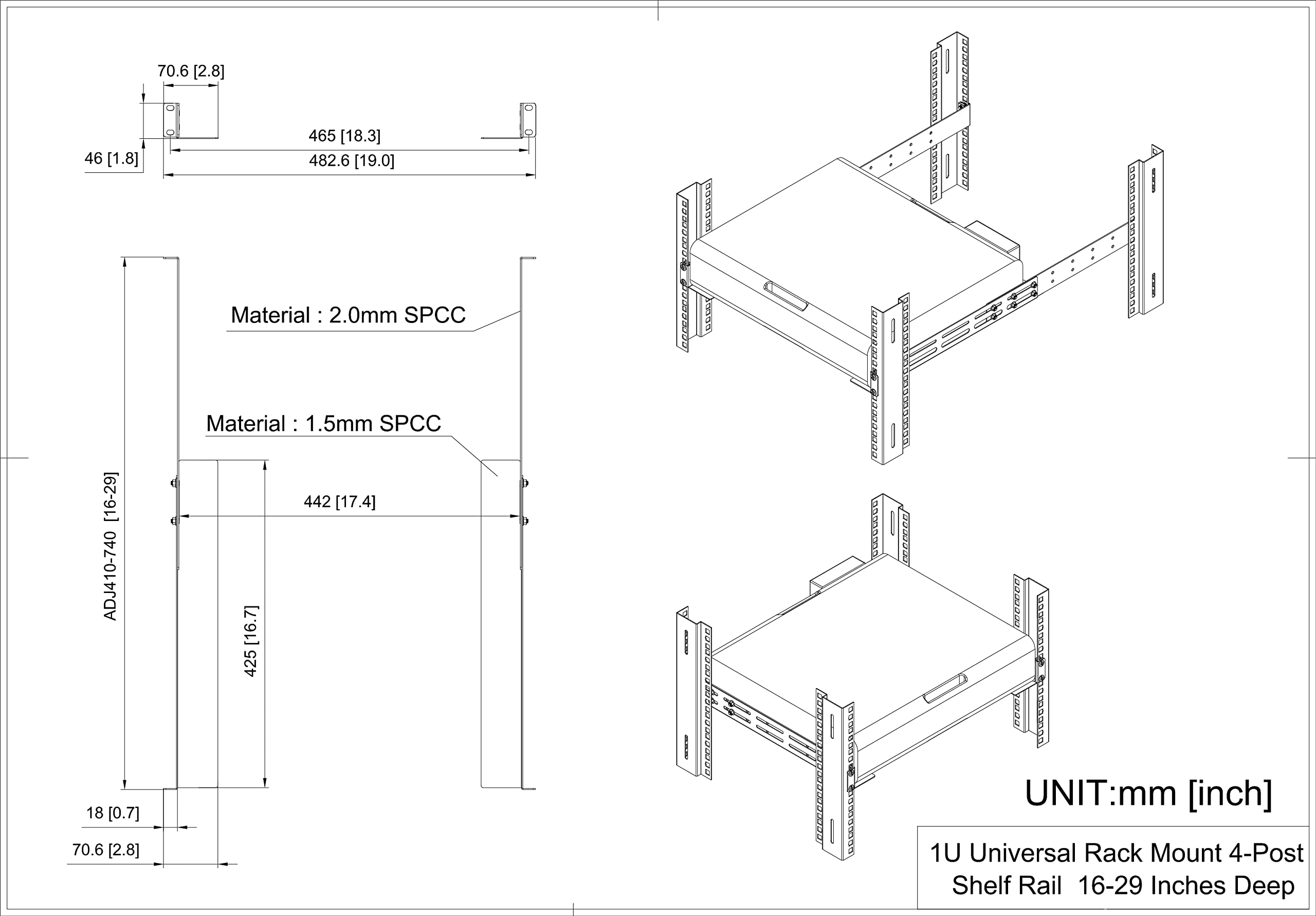 Qiaoyoubang 1U Universal Rack Mount Rails  4 Post Server Rack Shelf Rail 16 29 Inches Adjustable Depth For Apc Hp Ibm Dell Compa