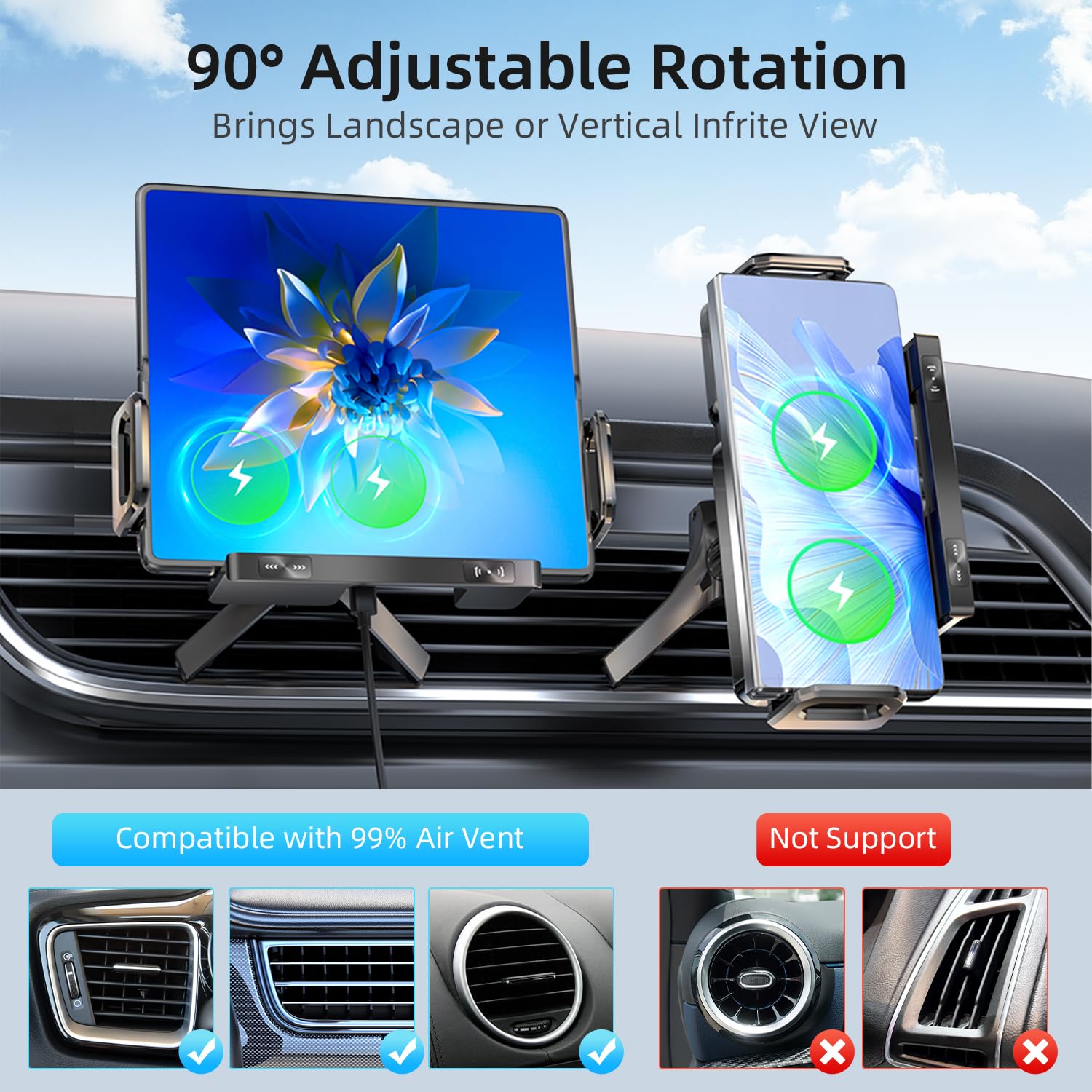 Tzzpl Car Phone Holder, Ultra Stable Dashboard Air Vent Cell Phone Car Mount, 15 Watt Dual Coil Wireless Fast Charger, Rotating