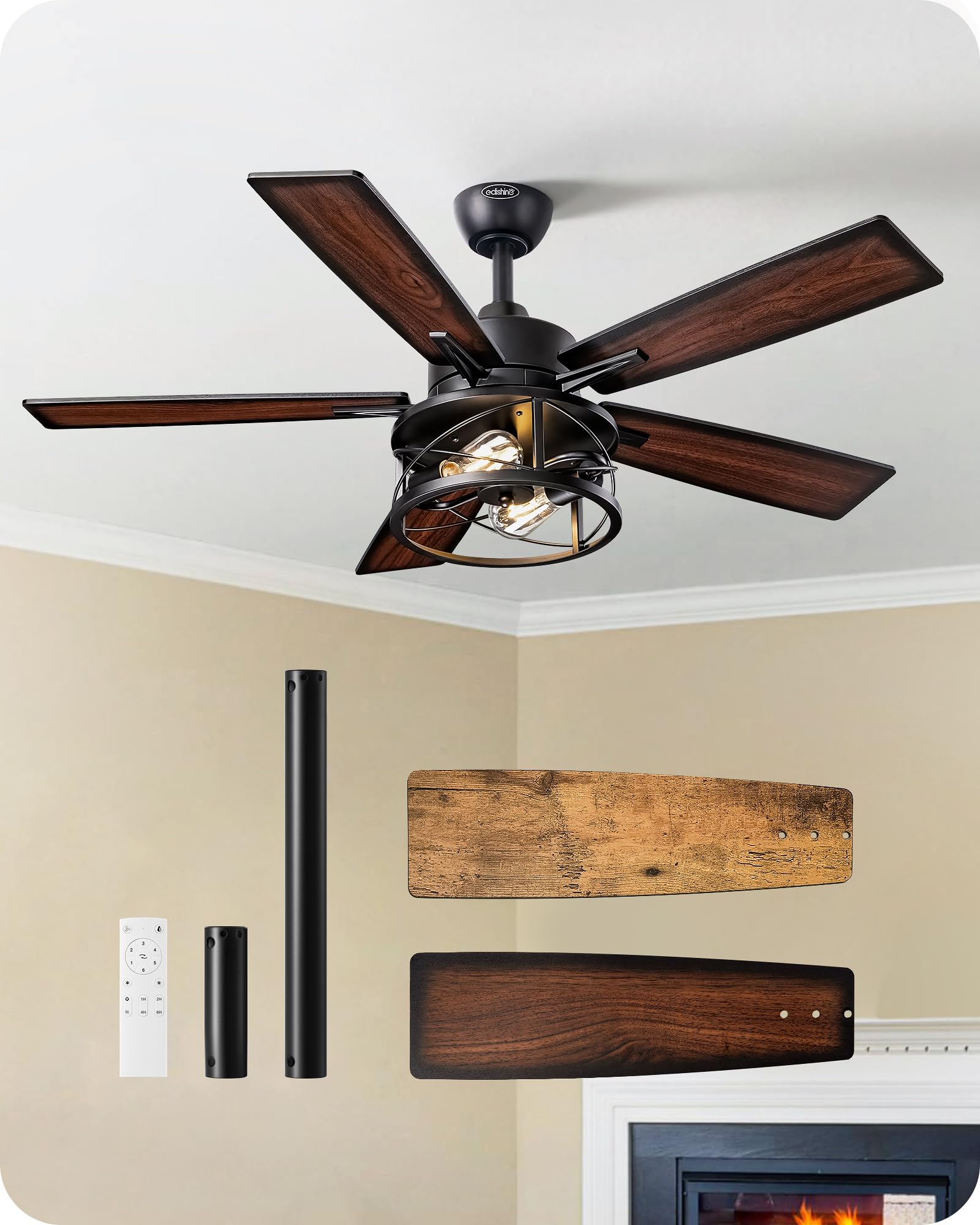Edishine 42 Farmhouse Ceiling Fans With Lights, Remote Control, Dimmable, 6 Speeds, 5 Wood Blades, Dc Reversible Motor, Timer, N