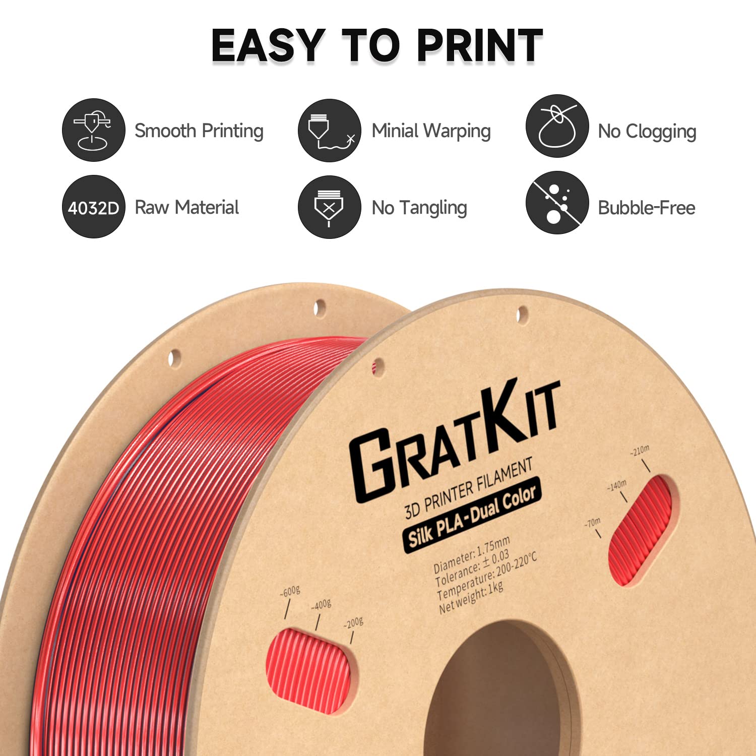 Gratkit Silk Dual Color Pla Filament, Coextrusion Pla Filament 1.75Mm, +/-0.03Mm, 1Kg/Roll, Silk Pla Black & Red