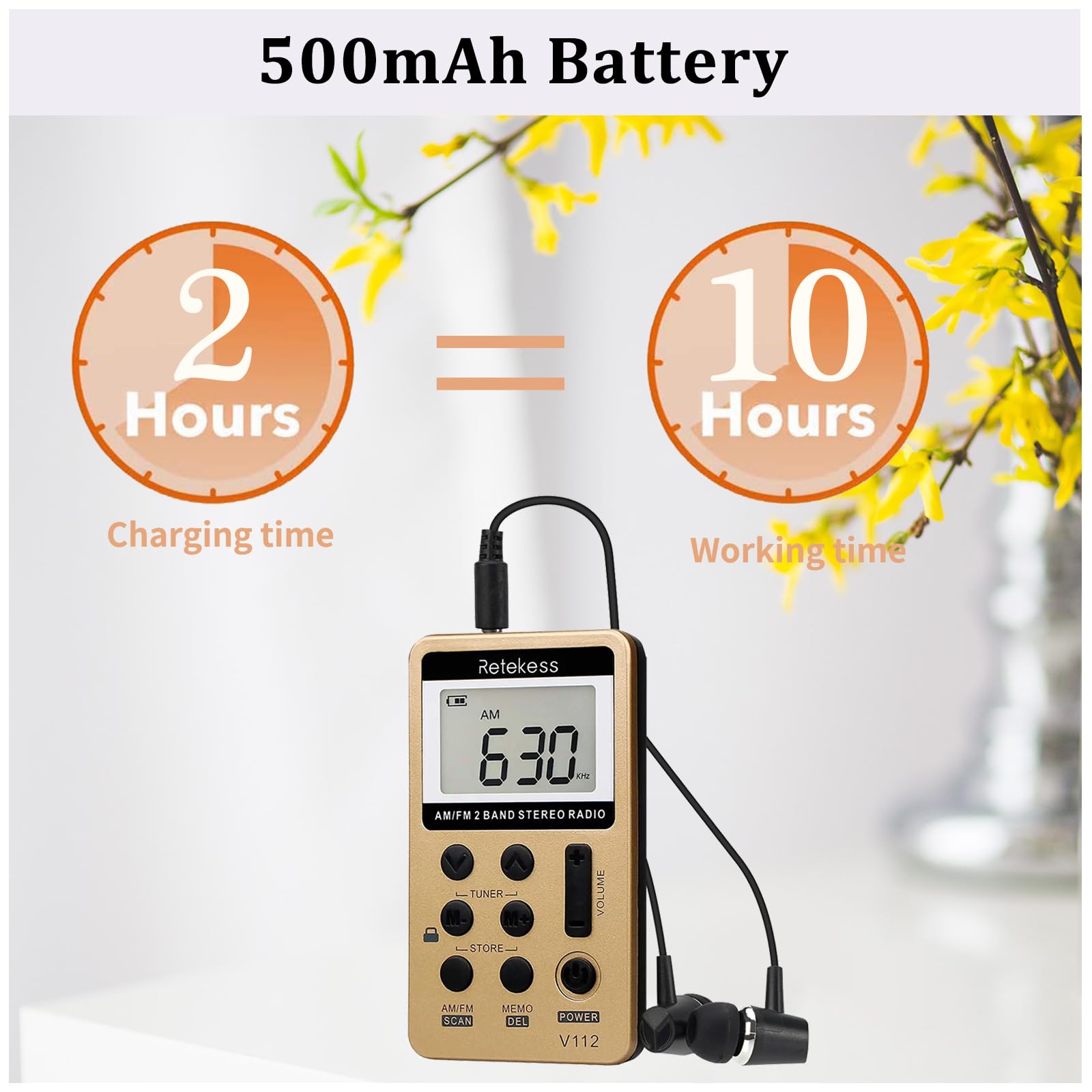 Retekess V112 Am Fm Radio Portable, Mini Radio With Earphone Pocket, Digital Tuning Rechargeable Battery Lcd Display For Walking Jogging(Gold)