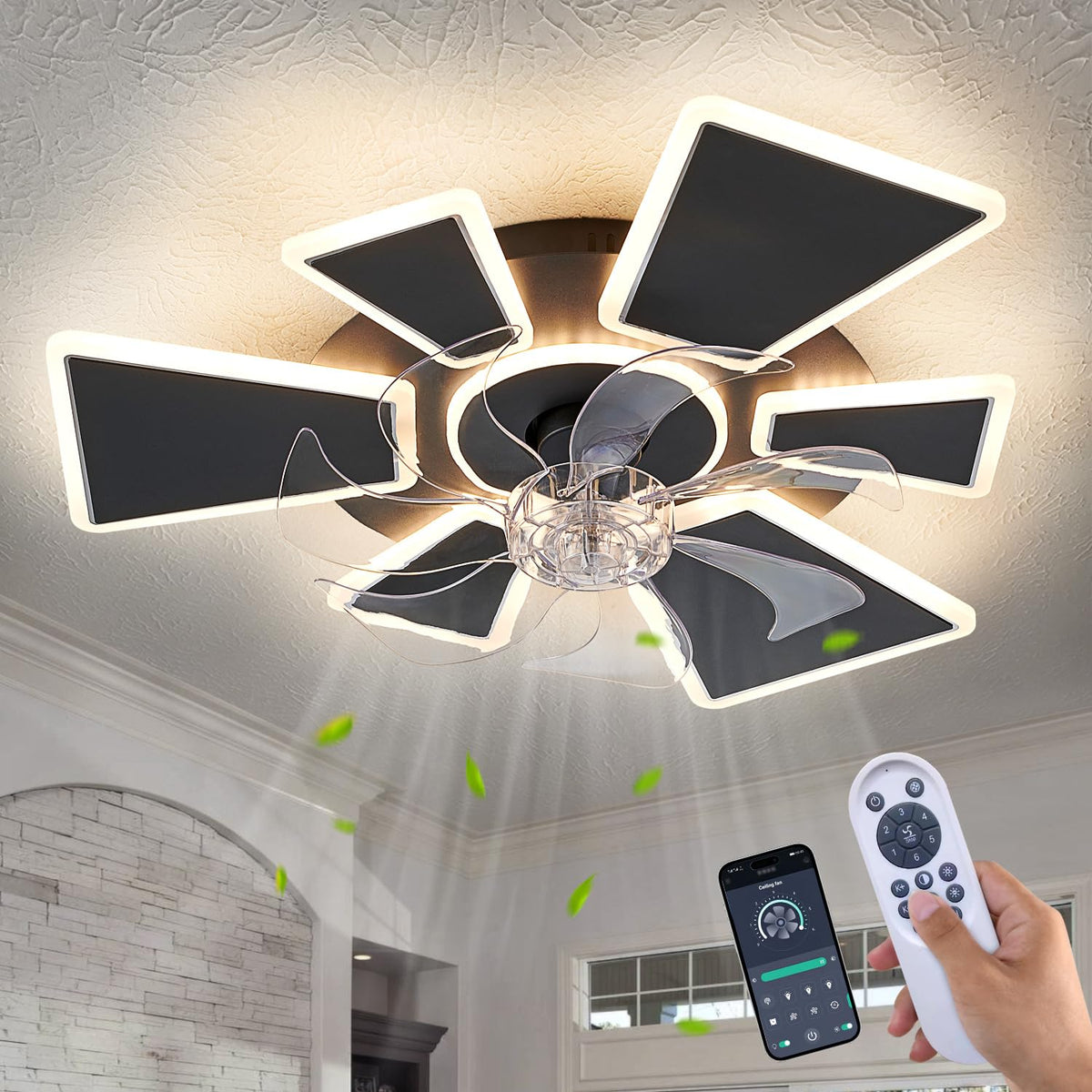 Yfrest Modern Ceiling Fan With Light And Remote, Low Profile Ceiling Fans With Lights, 24 Inch Flush Mount Ceiling Fan With 3 Li