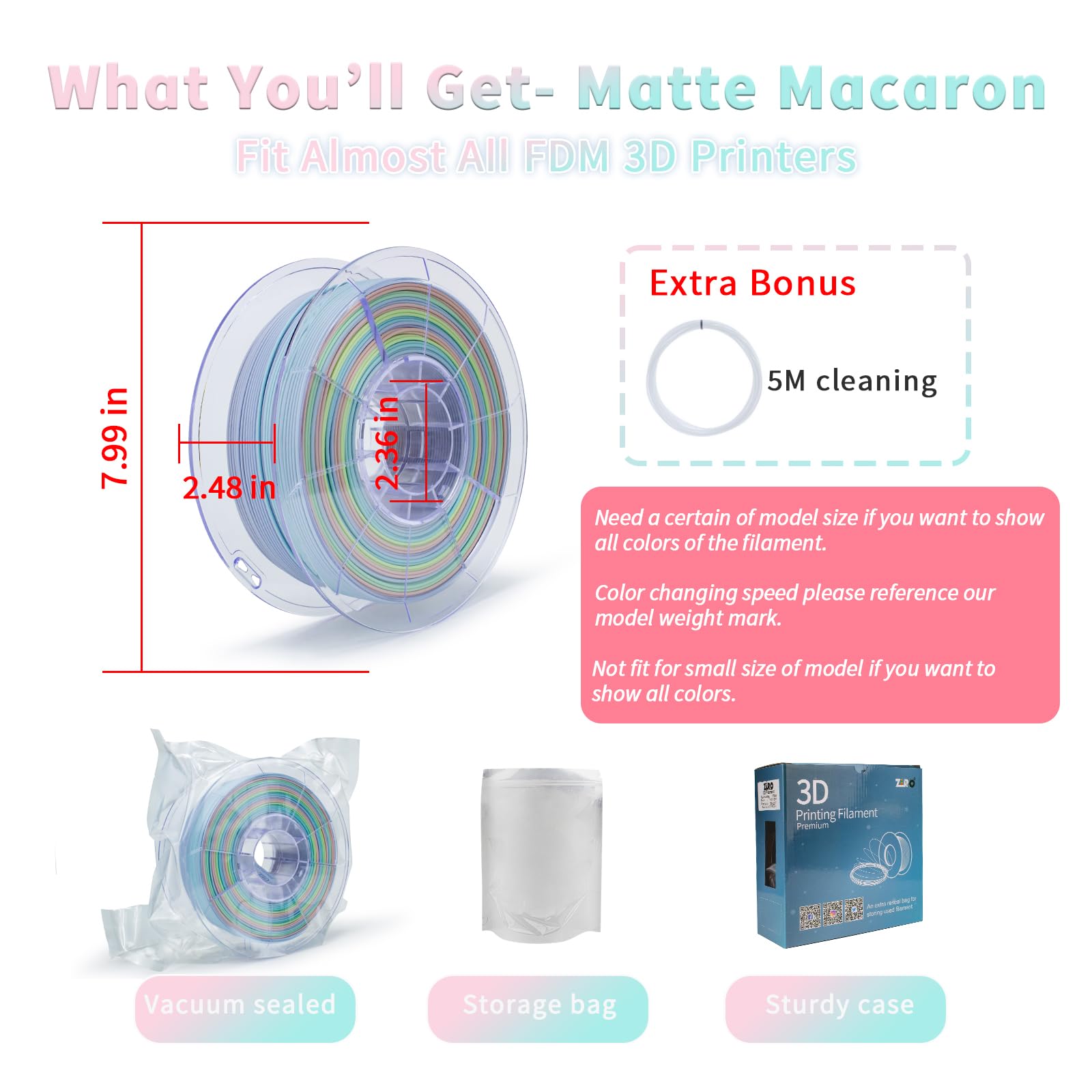 Ziro 3D Printer Filament,Matte Pla Filament 1.75Mm,Multicolor Rainbow Pla Filament,1Kg/2.2Lb,Macaron