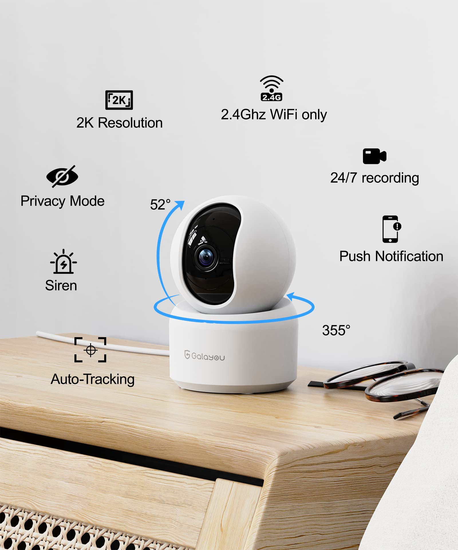 Galayou Indoor Security Camera 2K, Pet Camera, 360 Degree Wifi Home Security Camera For Baby/Elder/Nanny With Night Vision, Sire