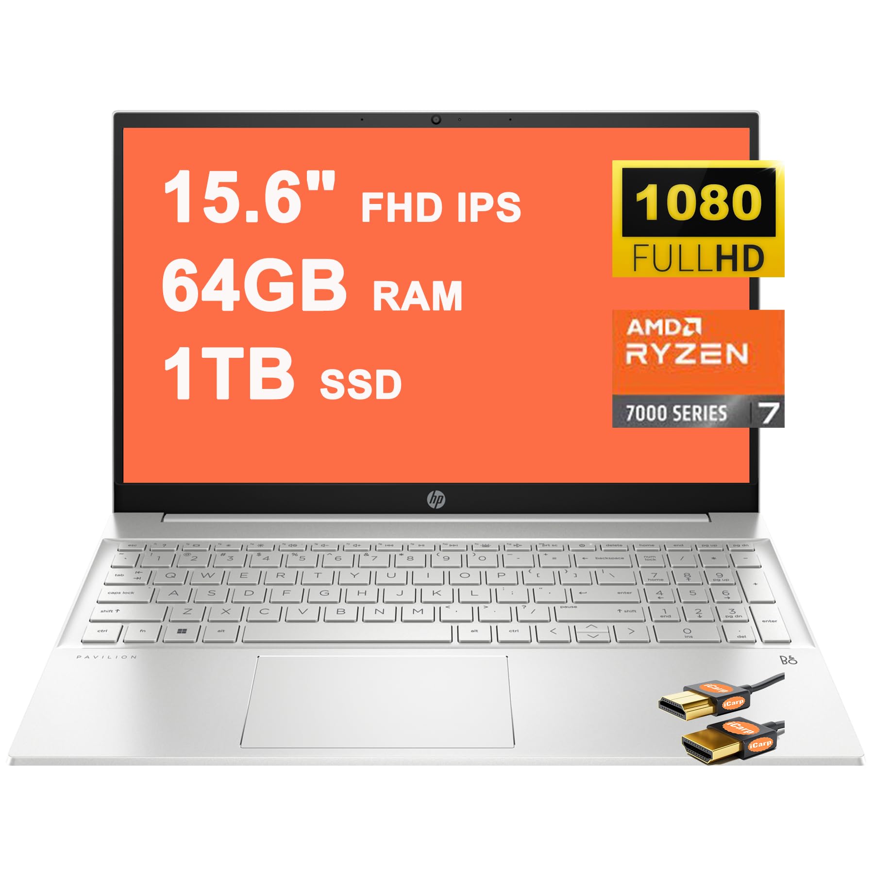HP Pavilion Business Laptop 15.6 FHD IPS BrightView Display AMD 8-core Ryzen 7 7730U Processor (Beats i7-1255U) 64GB RAM 1TB SSD