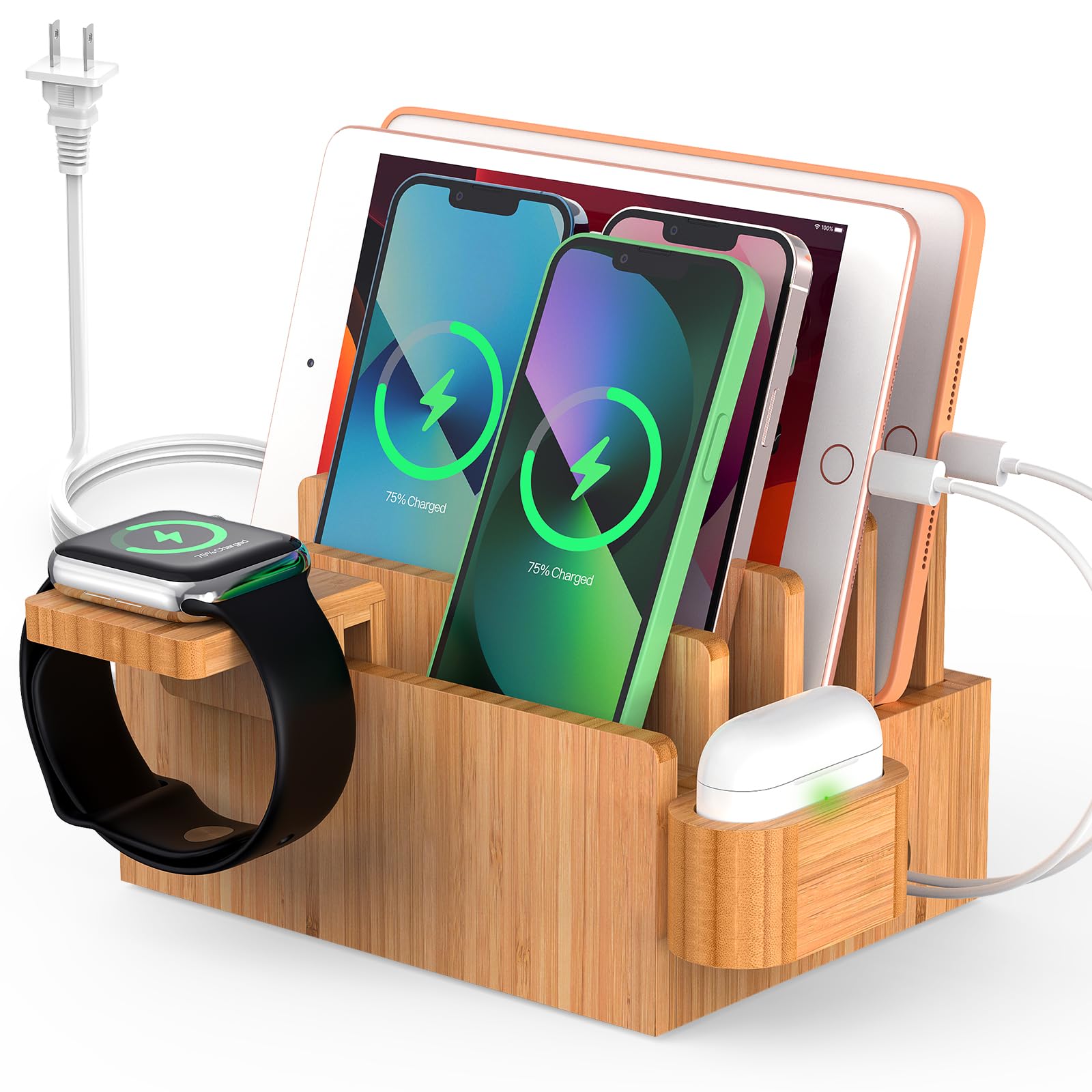 Pezin & Hulin Bamboo Charging Station for Multiple Devices with 5 Port USB Charger, 5 Cables, Watch&Earbuds Stand, Electronic De
