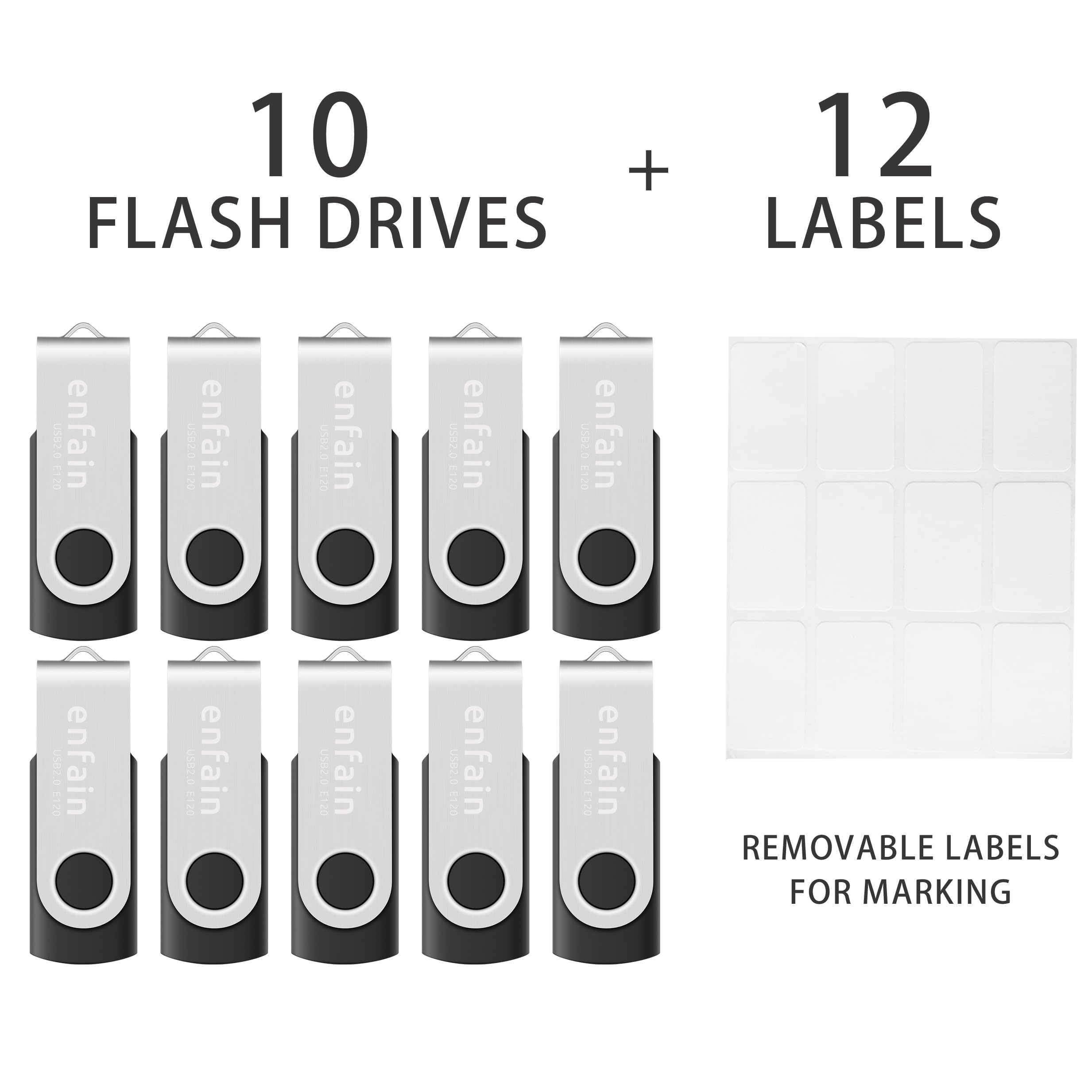 10 Pack Enfain 16Gb Usb 2.0 Swivel Flash Drives: Shareable Data Storage For Home & Office Use (Black)