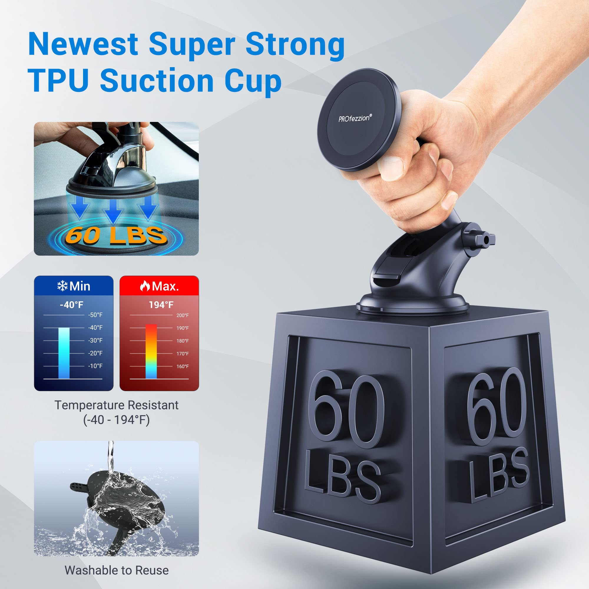 Profezzion Suction Cup & Vent Clip Combo Magnetic Phone Holder Compatible With Magsafe On Car Dash, Windshield Or Vent For Iphon