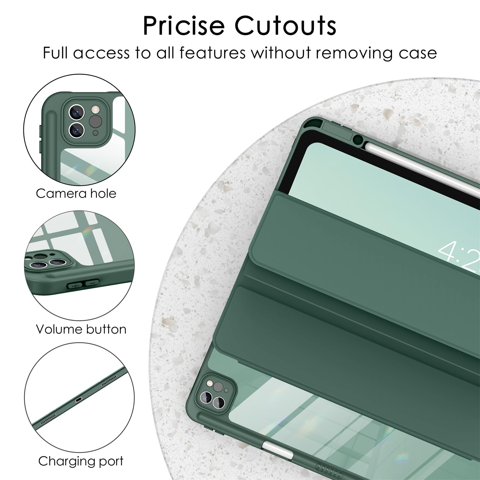 Soke Case For Ipad Air 13 M2 2024/Pro 12.9 (6Th/5Th/4Th Generation, 2022/2021/2020)   Pencil Holder+Auto Sleep/Wake+Camera Protection, Shockproof Back Cover For Ipad Pro 12.9 Inch,New Midnight Green