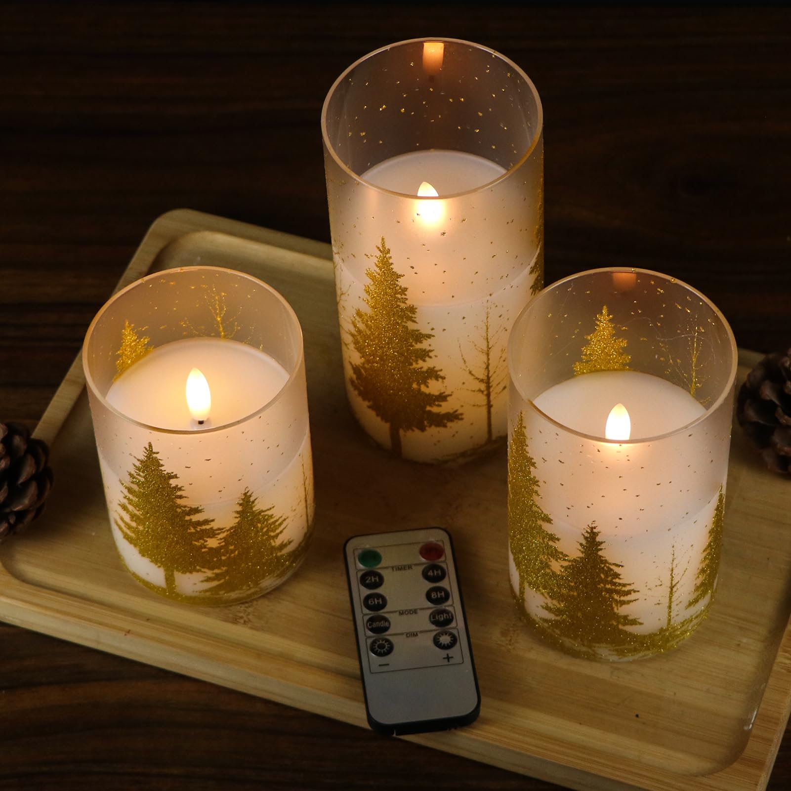 Dromance Christmas Tree Glass Flameless Candles With Remote Timer Battery Operated Real Wax 3D Wick Led Flickering Pillar Candle