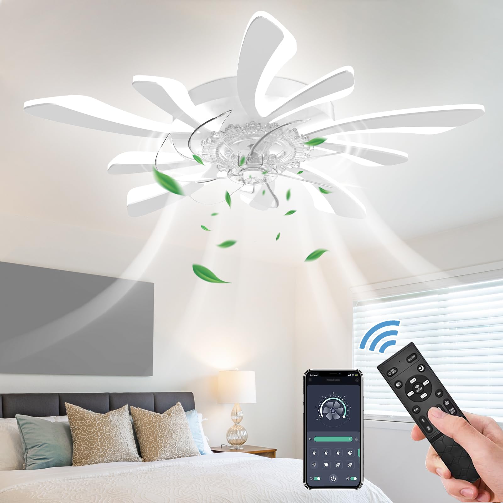 GooComfy Dimmable Ceiling Fan with Light and Remote Control, 31 Small Semi Flush Mounted Ceiling Fan with Led Lights, APP and Re