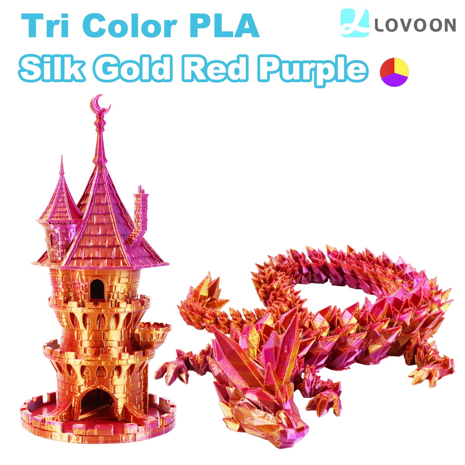 Lovoon 3D Printer Filament Tricolors, Color Change By Angle Pla Filament 1.75Mm, Silk Pla Filament, Gold Red Purple Tree Colors,