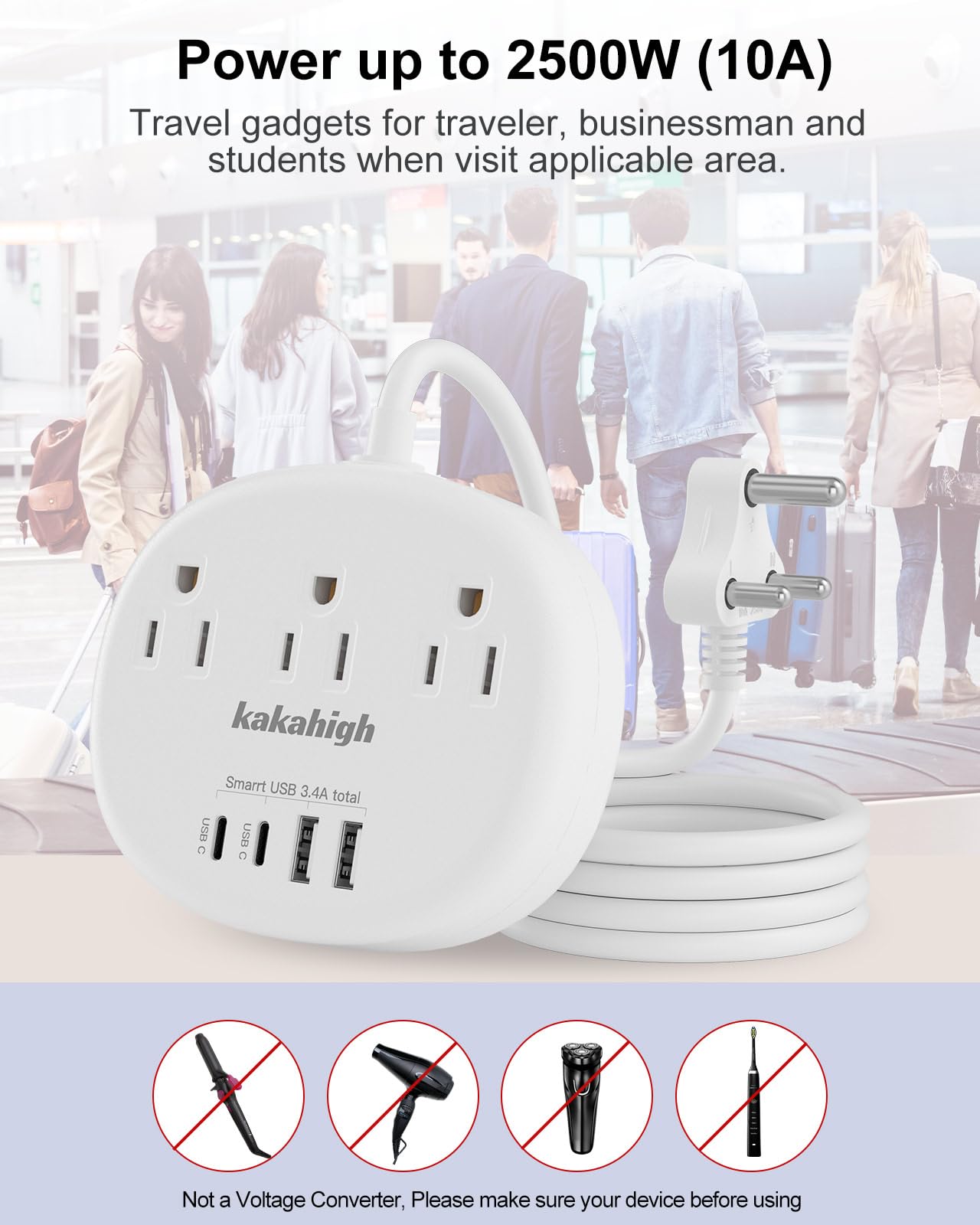 South Africa Plug Adapter, Type M Adapter For South Africa With 3 American Outlets 4 Usb Ports (2 Usb C) Total 24W, Type M Plug