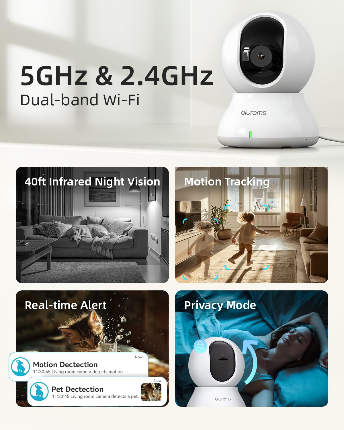 Blurams Indoor Security Camera, 2K Pet Camera, 5Ghz/2.4Ghz Dual Band, Ptz Dog Camera With Phone App, 360 Cameras For Home Securi