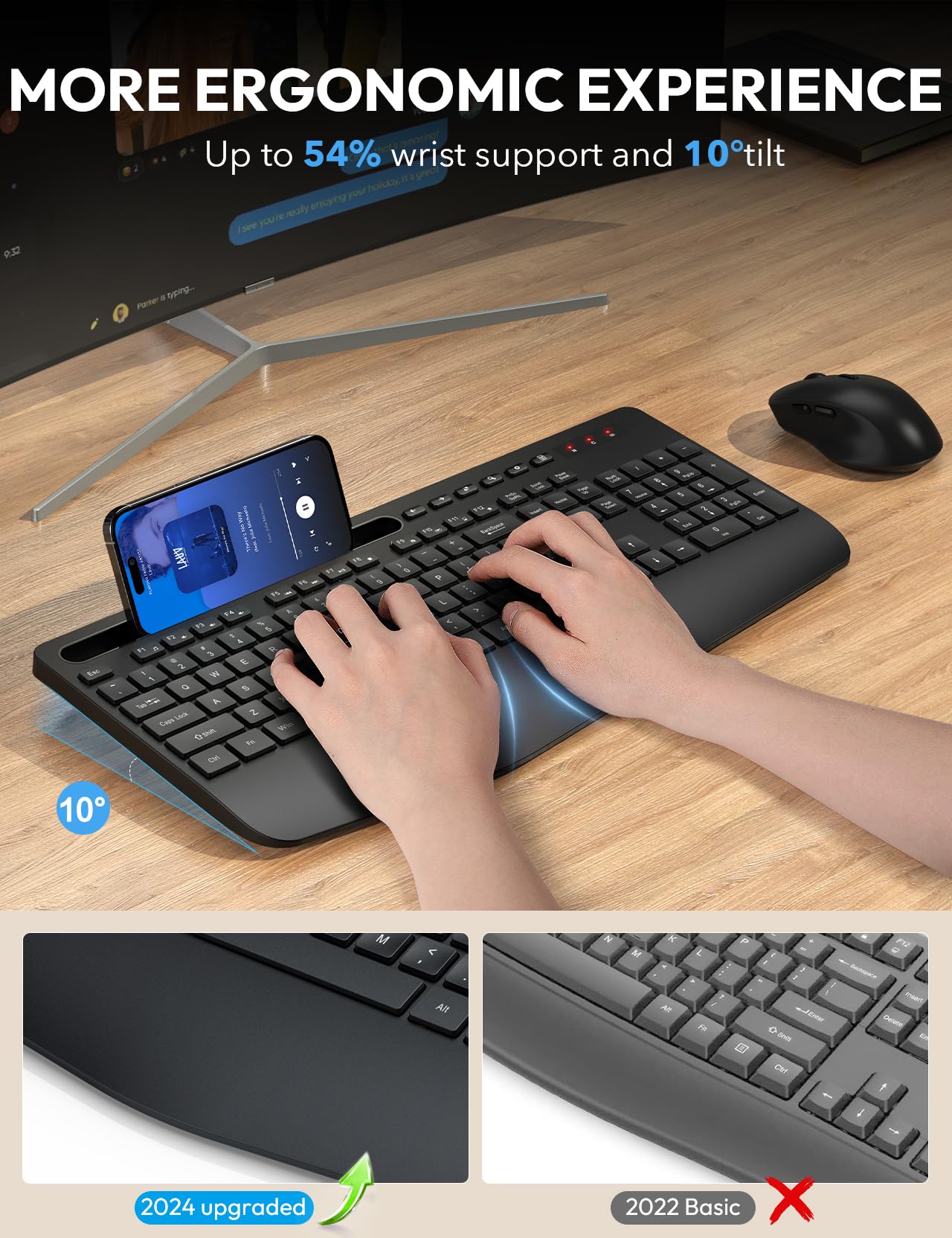 Wireless Keyboard And Mouse, Wrist Rest, Phone Holder, Batteries Included, 2.4G Lag Free Ergonomic Keyboards Mouse Combo, Silent