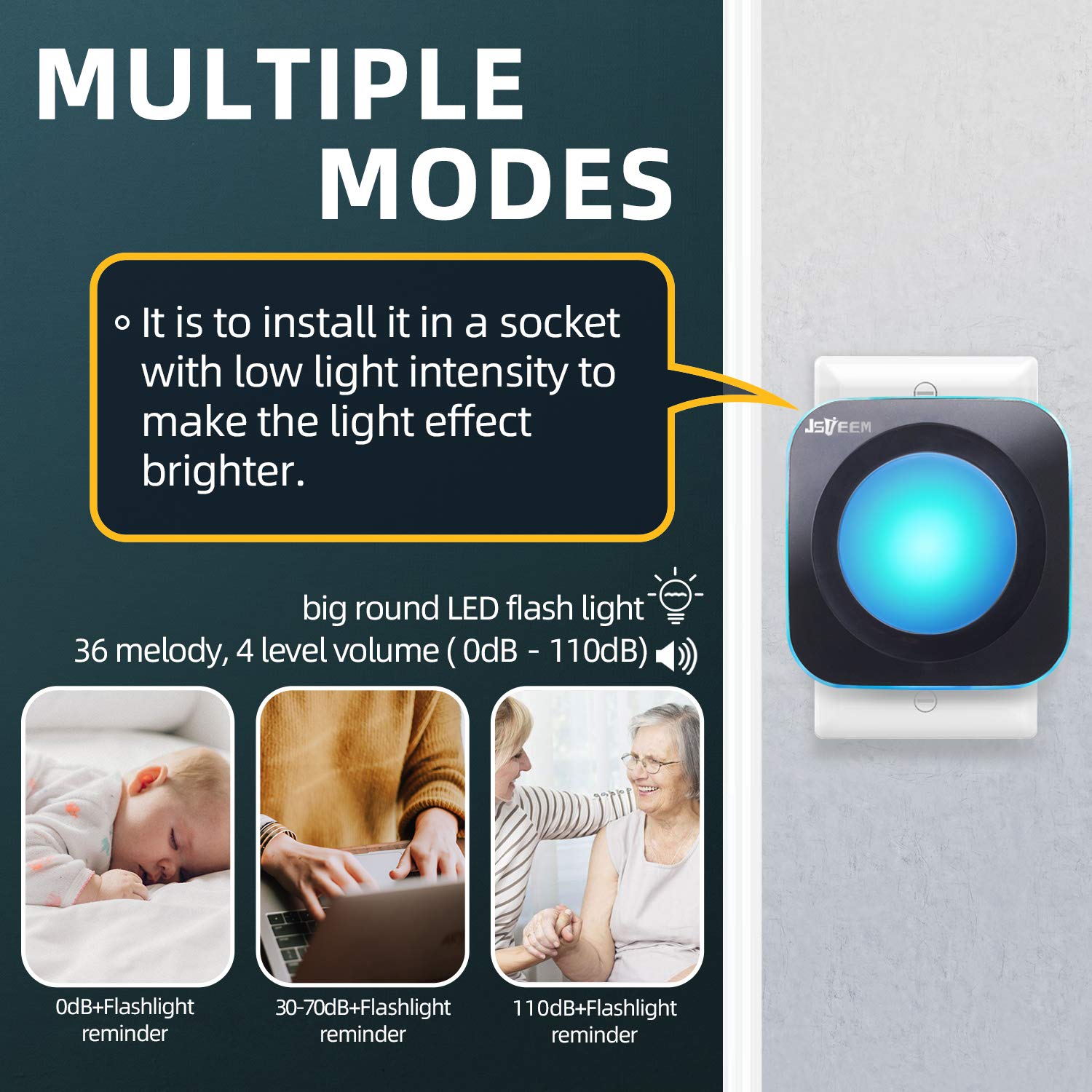 Wireless Doorbell Jsieem 1200 Feet Waterproof Door Bell With 36 Melodies 4 Volume Levels 7 Colour Flash Light,For Home, Office,C