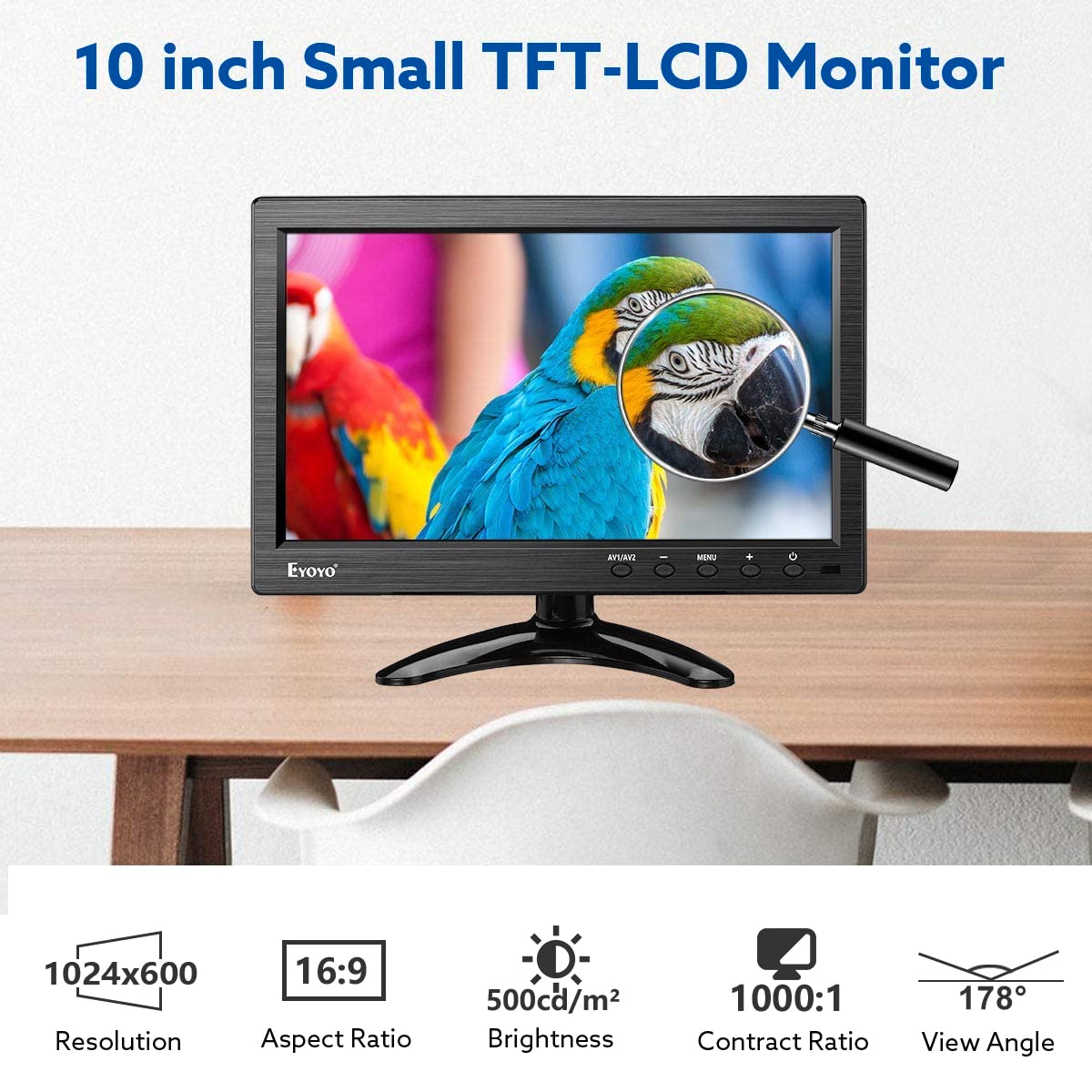 Eyoyo 10 Inch Monitor 1024X600 Small Display Hd Tft Lcd Display Screen Support Av Vga Bnc Hdmi Video Input For Cctv Dvd Pc Dvr W