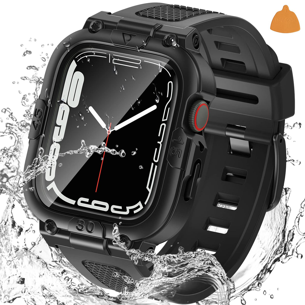 Goton 3 In 1 Waterproof Case And Band With Tempered Glass Screen Protector For Apple Watch Series 9 8 7 45Mm, Hard Pc Bumper Cov