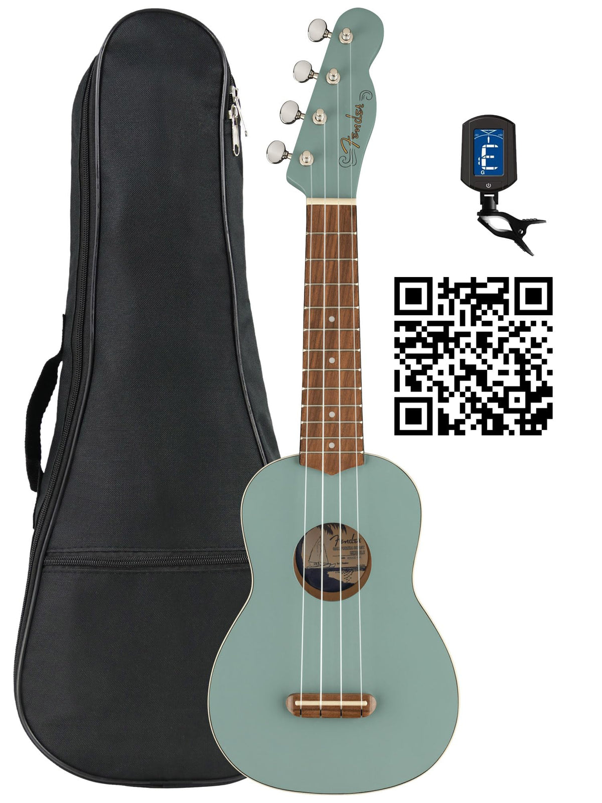 Fender Venice Soprano Ukulele   Sonic Gray Bundle With Gig Bag, Tuner, And Austin Bazaar Instructional Video