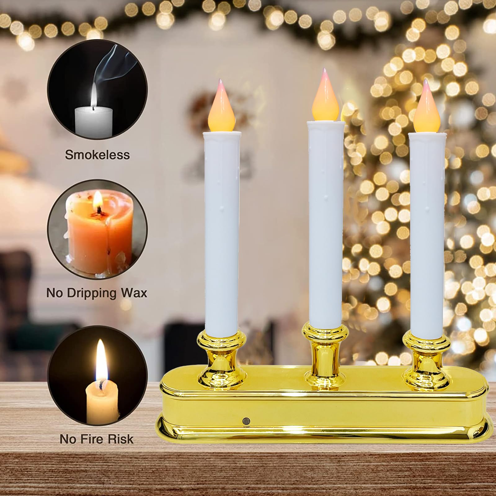 3 Light Battery Operated Christmas Window Candles With Sensor Dusk To Dawn, Cordless Flameless Flicker Taper Lights