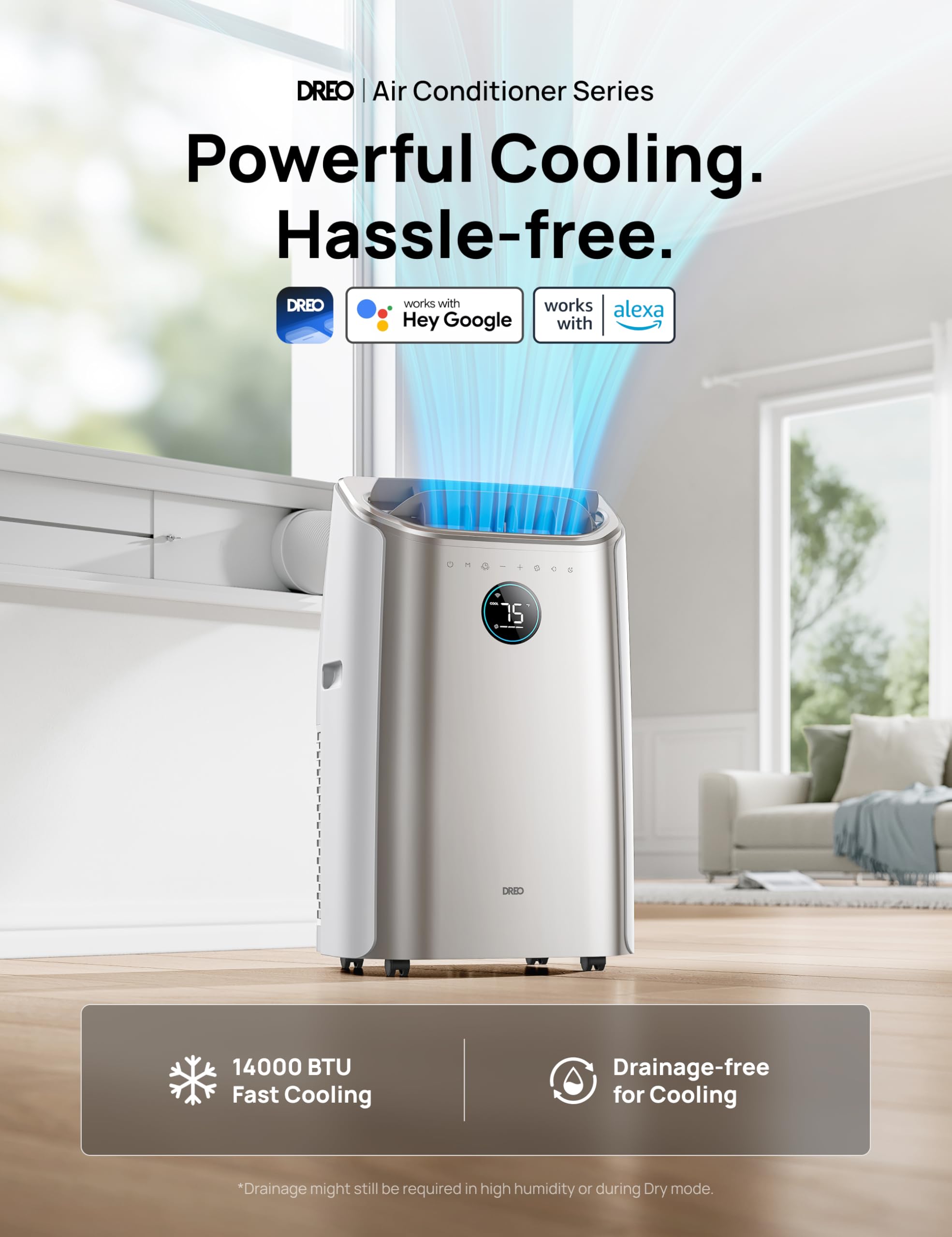 Dreo Portable Air Conditioners, 14,000 Btu Air Conditioner For Bedroom With Drainage Free Cooling, 46Db Quiet, App/Voice/Remote,