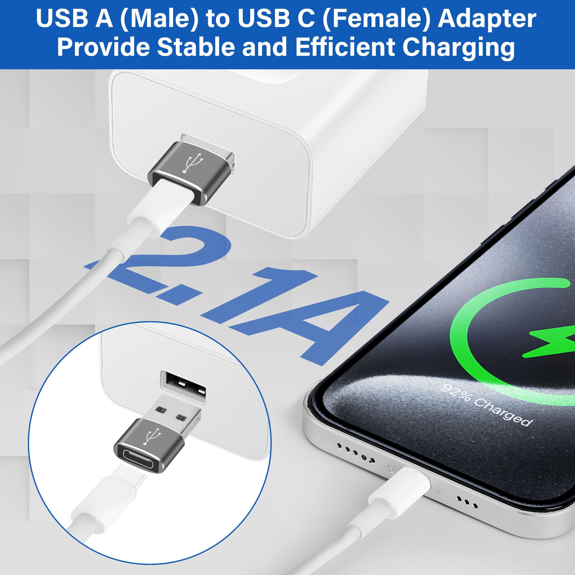 Usb A To Usb C Adapter (2 Pack), [Slim Design, Side By Side Use] Usb 2.0 (Male) To Usb C (Female) Charger Converter Connector Fo