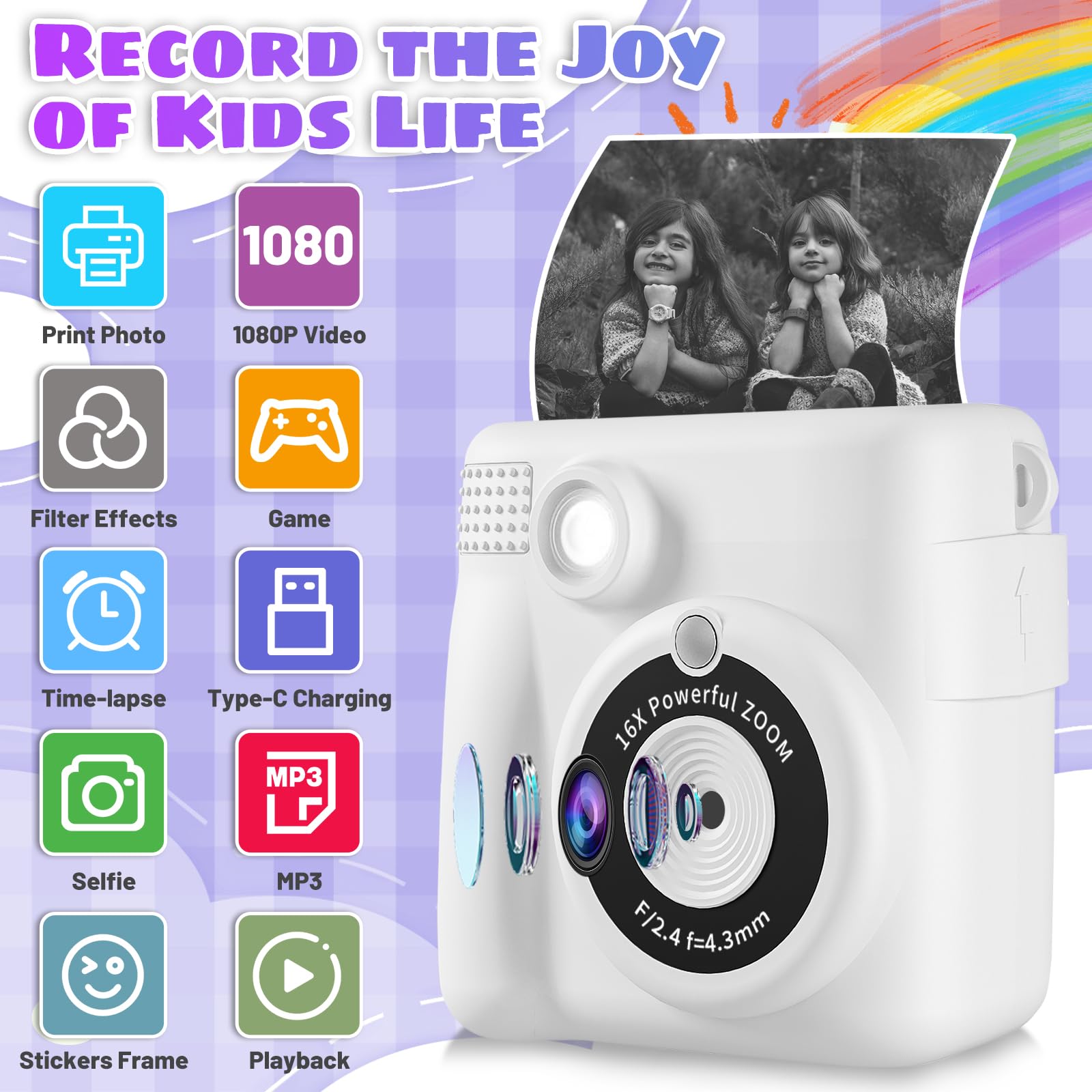 Instant Print Camera, Kids Camera 1080P Hd Digital Camera With 32G Sd Card, 3 Rolls Photo Paper & 6 Color Pencils For Age 6 12 B