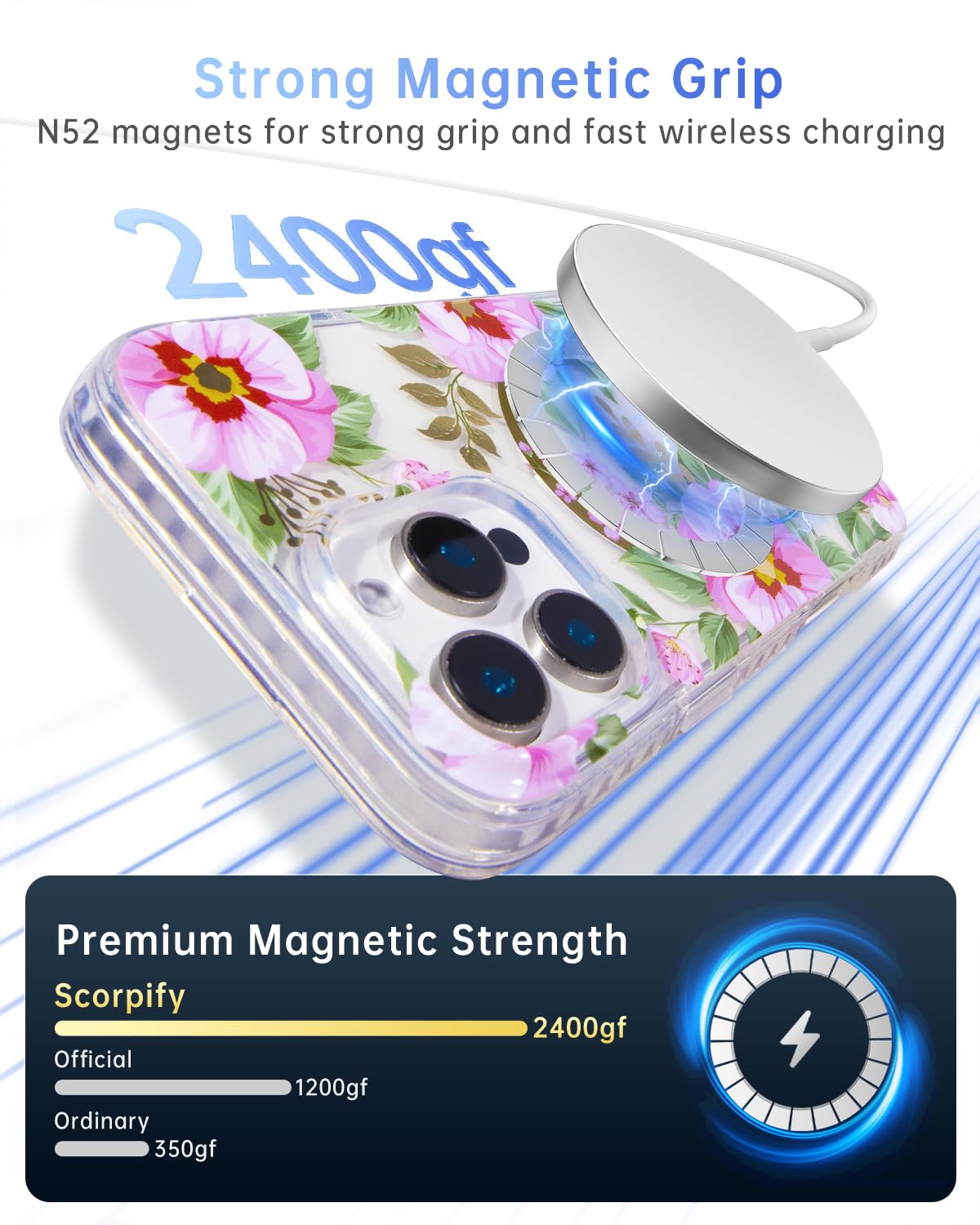 Scorpify For Iphone 16 Pro Case [Compatible With Magsafe] With Pink Primrose Floral Design, Cute Clear Flower Magnetic Phone Cov