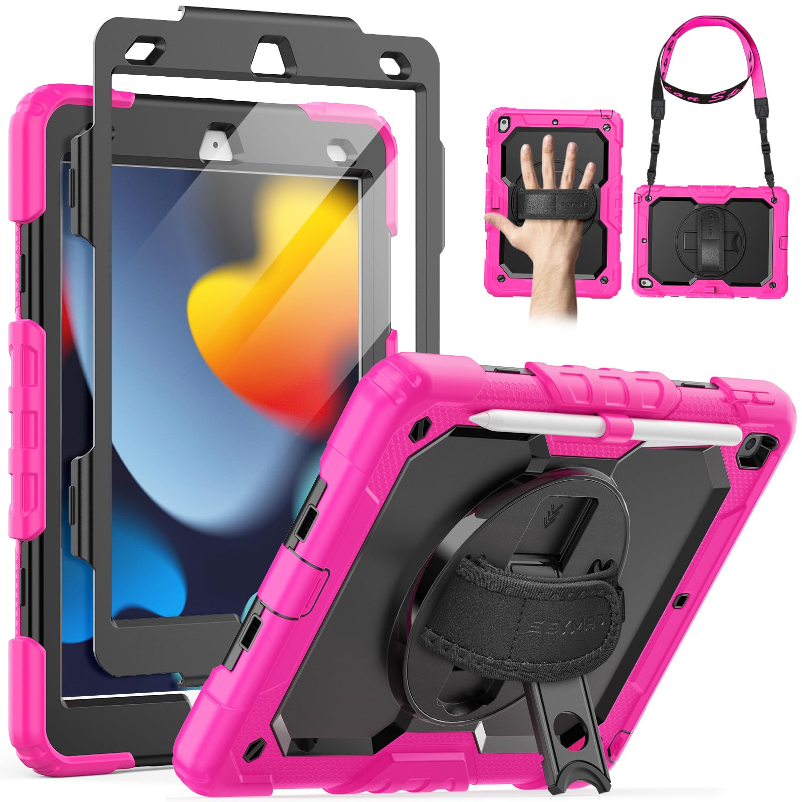 Seymac Case For Ipad 9Th/8Th/7Th Generation Case 10.2' 2021 2019, Full Body Shockproof Heavy Duty Protective Case With Screen Protector, Rotating Stand/Handle/Shoulder Strap For Ipad 10.2, Pink