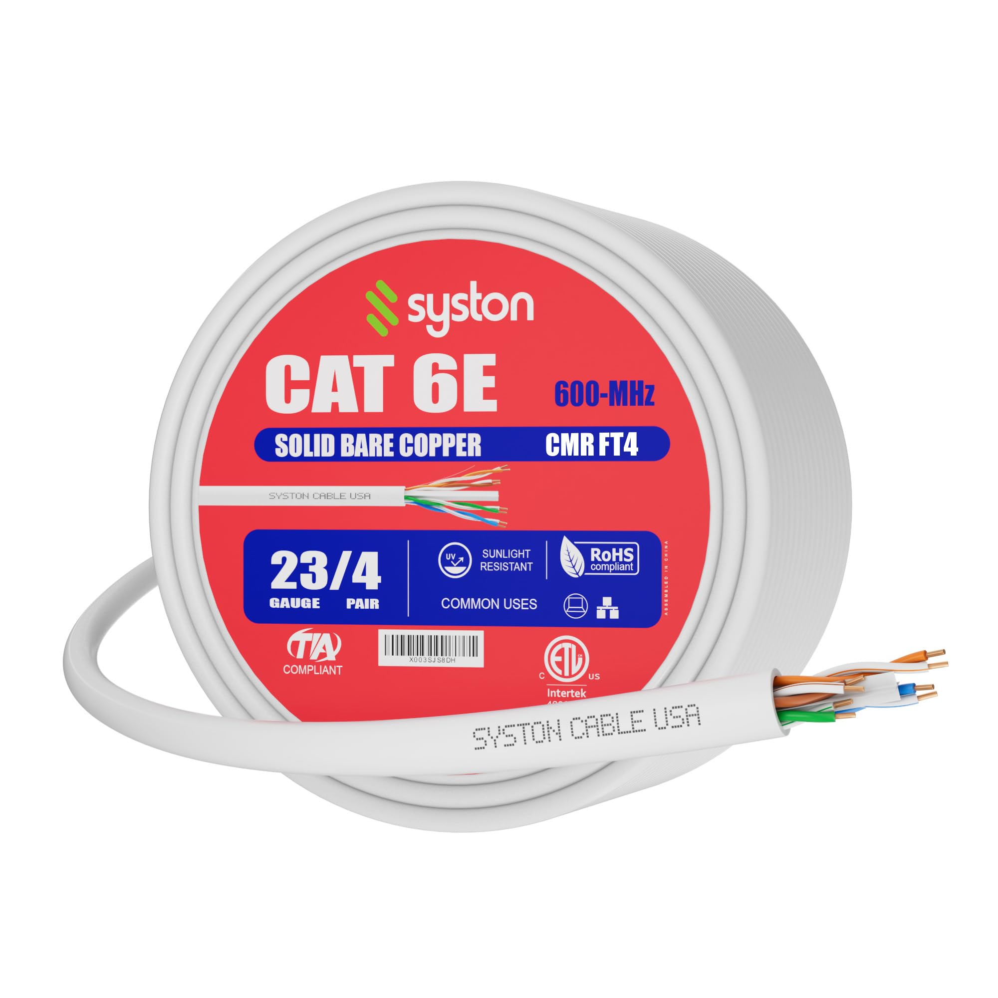 Syston Cable Technology Cat6E Ethernet Internet Cable   20 Ft,600Mhz 23Awg Solid Bare Copper Wire Outdoor/Indoor Suit, No Ends 10 Ft To 1000 Ft Available, Heat Resistant Riser Rated   Cmr