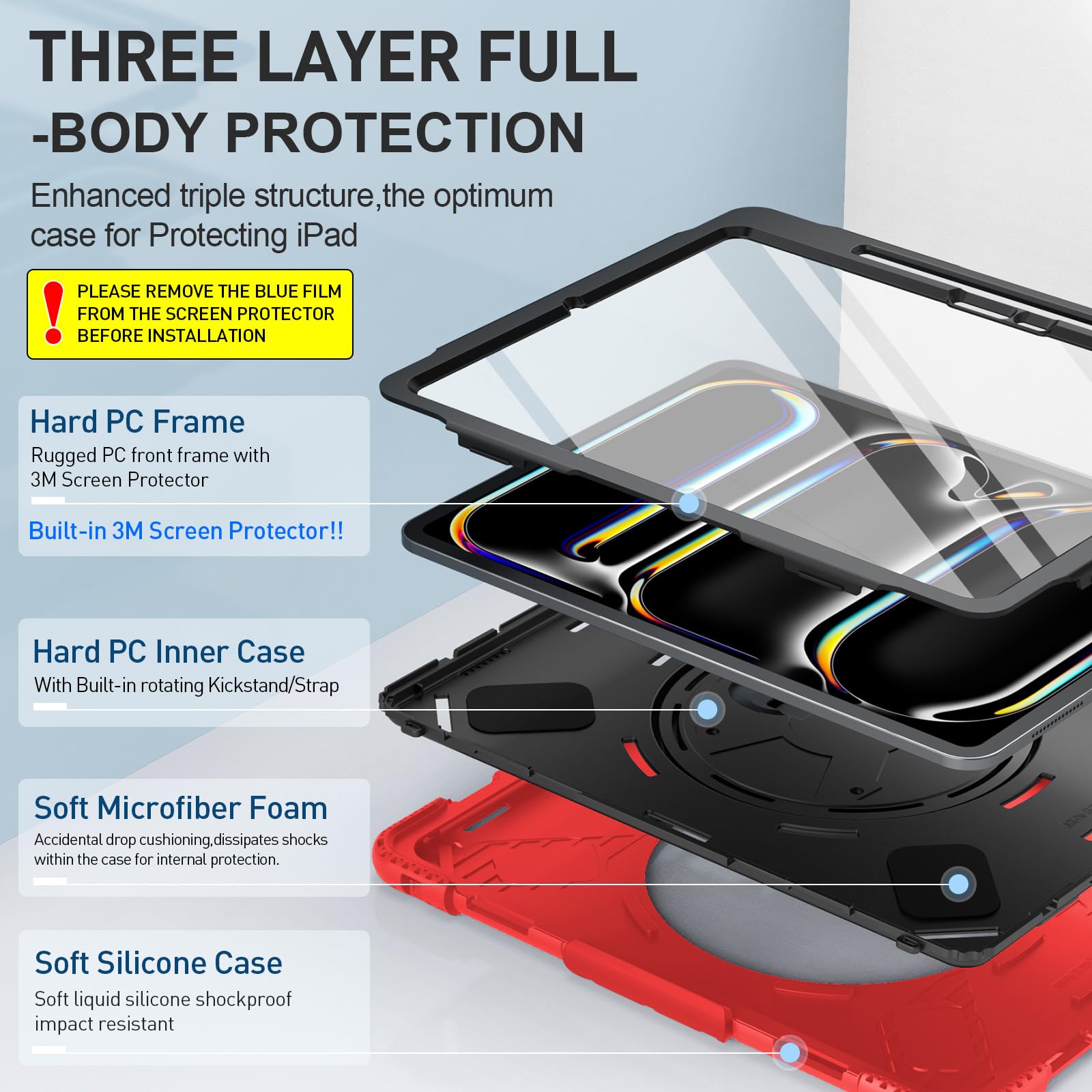 Supfives Case For Ipad Pro 13 Inch 2024 (7Th Gen), With Screen Protector/Shoulder Strap/Pencil Holder/Handle/Rotating Stand, Red